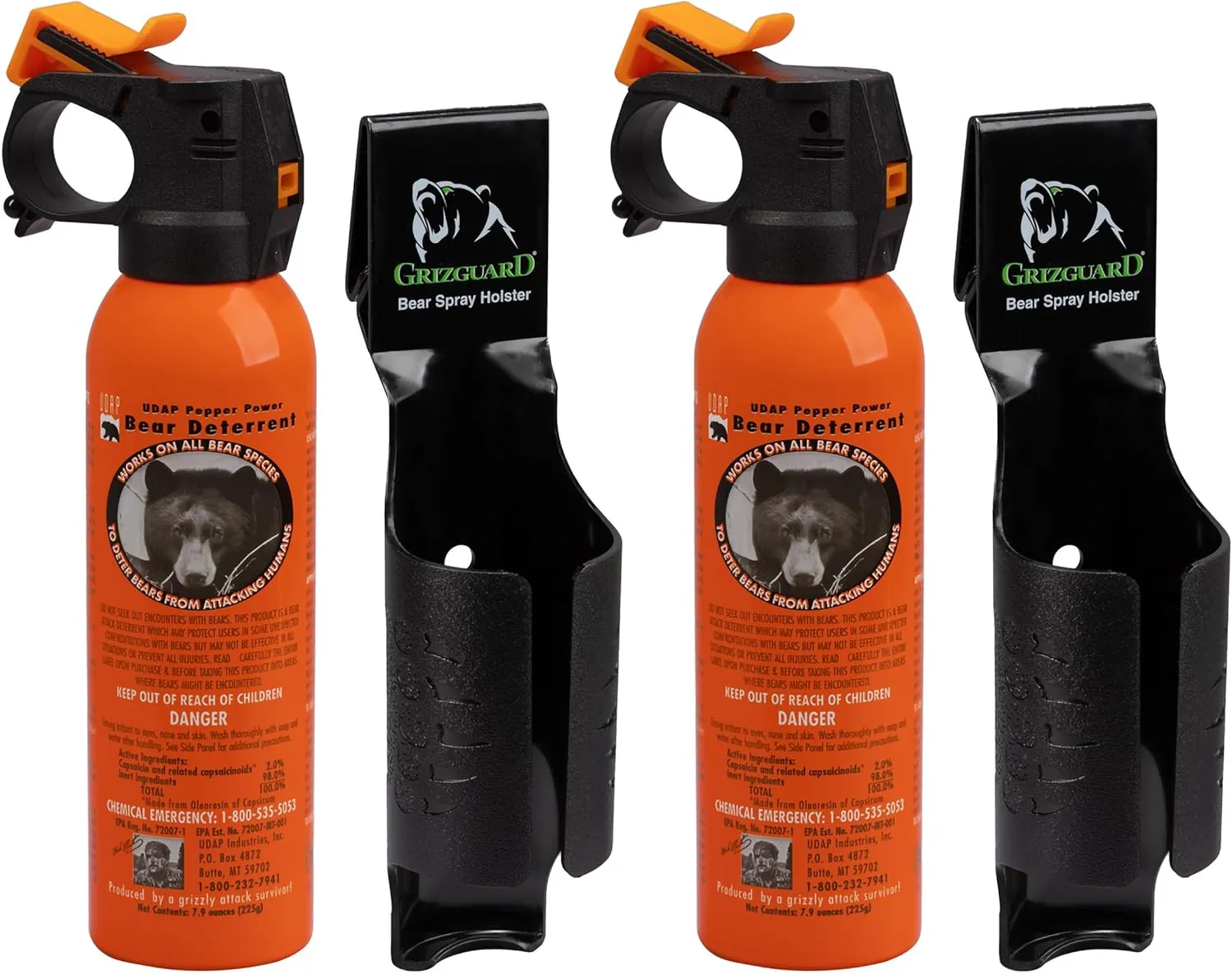 Spray Self Defense Deterrent with Griz Guard Holster for Camping, Hiking, Fishing, Powerful Blast Pattern, 30 ft Fog Barrier, Safety Orange, SOG2, 7.9 oz, 2 Pack