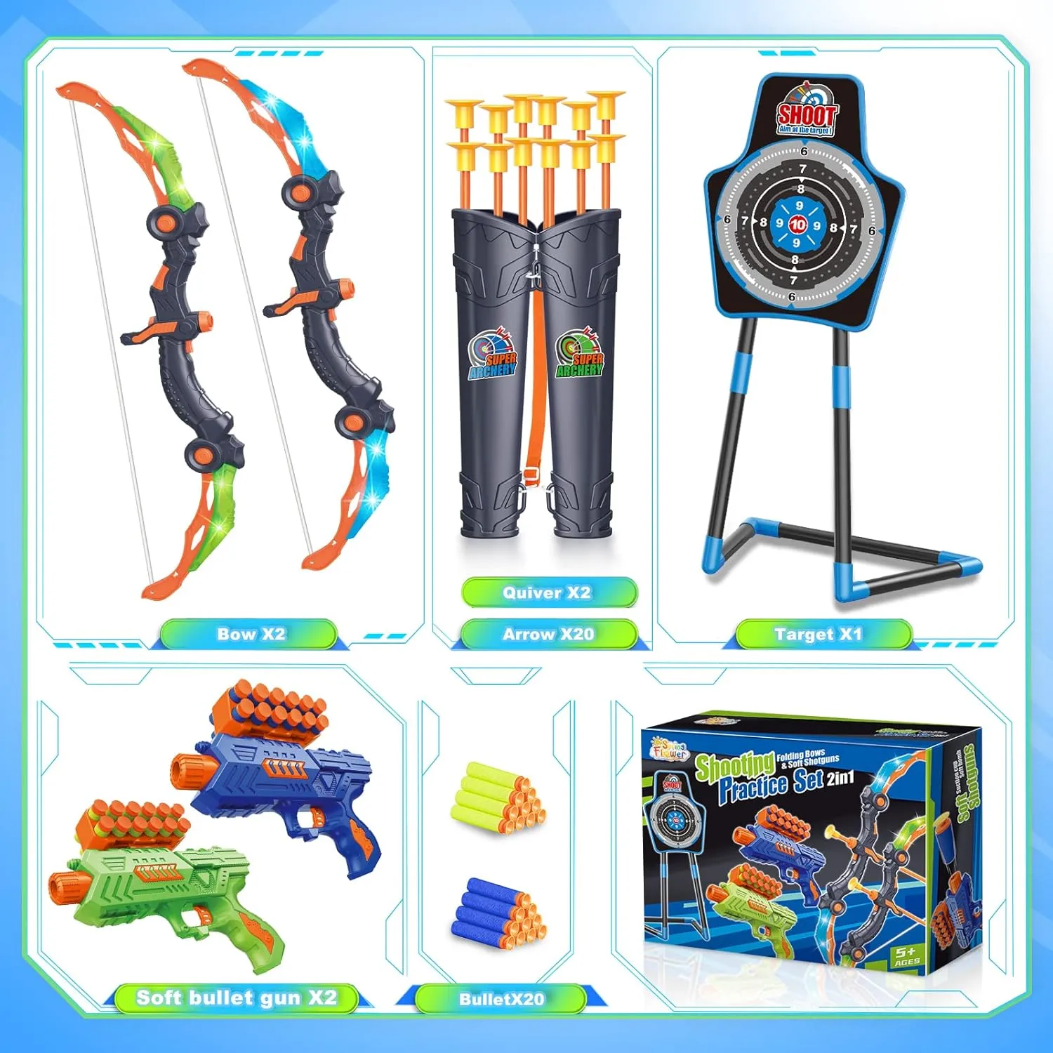 SpringFlower 2 Bow and Arrow Sets with LED Light-up,2 Foam Dart Guns for Kids 5 6 7 8 9 10  Years Old, Archery Set with Standing Target for Boys & Girl, Ideal Gift