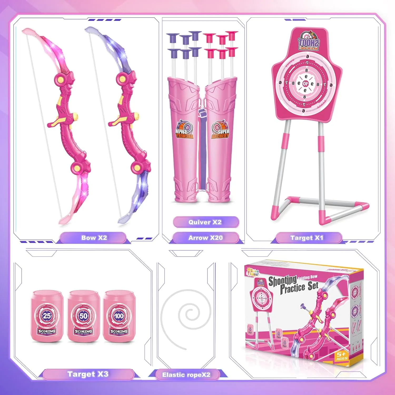 SpringFlower 2 Bow and Arrow Sets with LED Light-up,2 Foam Dart Guns for Kids 5 6 7 8 9 10  Years Old, Archery Set with Standing Target for Boys & Girl, Ideal Gift