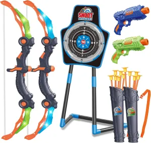 SpringFlower 2 Bow and Arrow Sets with LED Light-up,2 Foam Dart Guns for Kids 5 6 7 8 9 10  Years Old, Archery Set with Standing Target for Boys & Girl, Ideal Gift