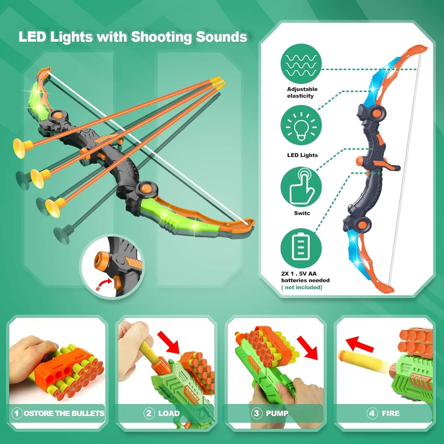 SpringFlower 2 Bow and Arrow Sets with LED Light-up,2 Foam Dart Guns for Kids 5 6 7 8 9 10  Years Old, Archery Set with Standing Target for Boys & Girl, Ideal Gift