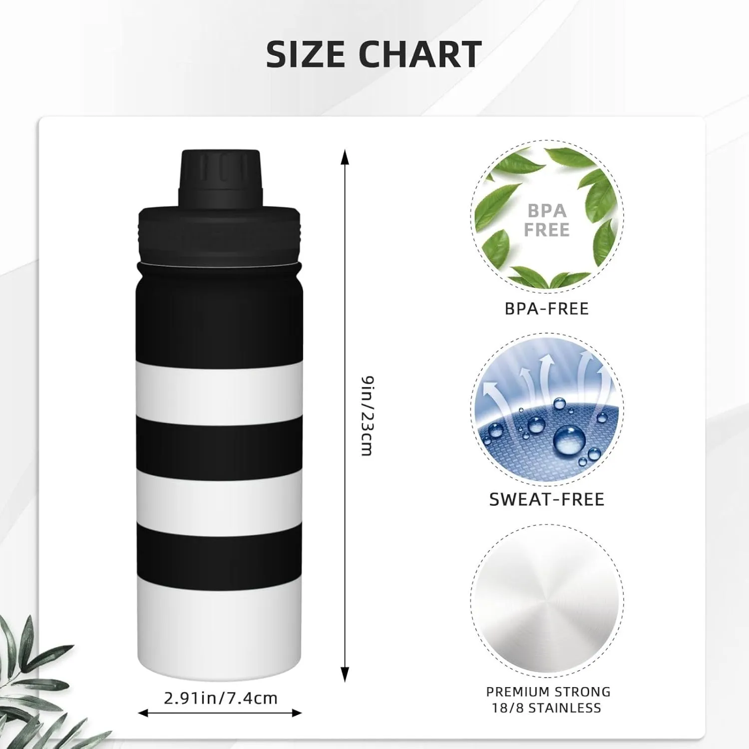 SSIMOO Stripes Black White 18oz Sports Insulated Bottle For Outdoor Activities,Your Ideal Companion Staying Hydrated