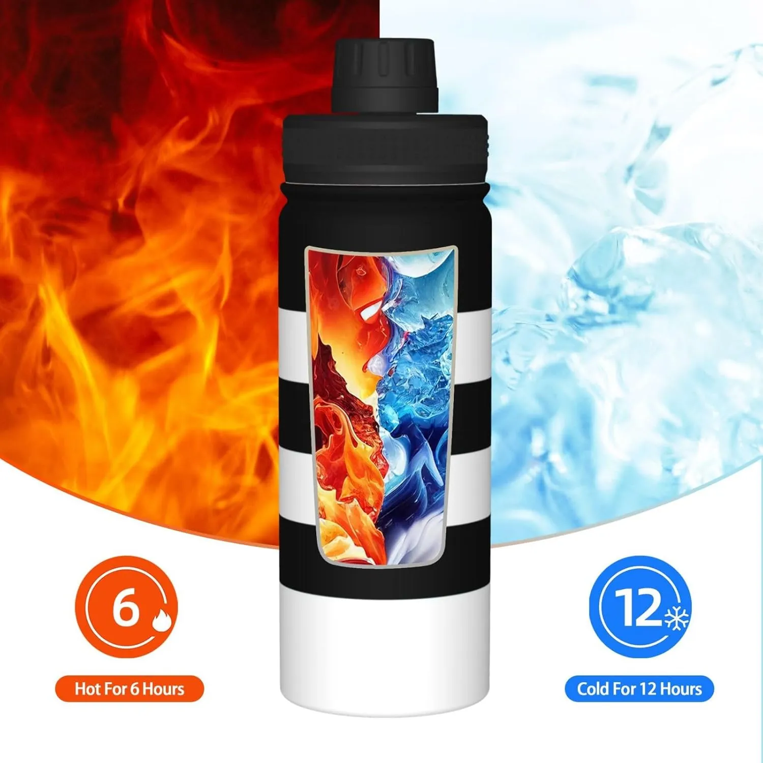 SSIMOO Stripes Black White 18oz Sports Insulated Bottle For Outdoor Activities,Your Ideal Companion Staying Hydrated