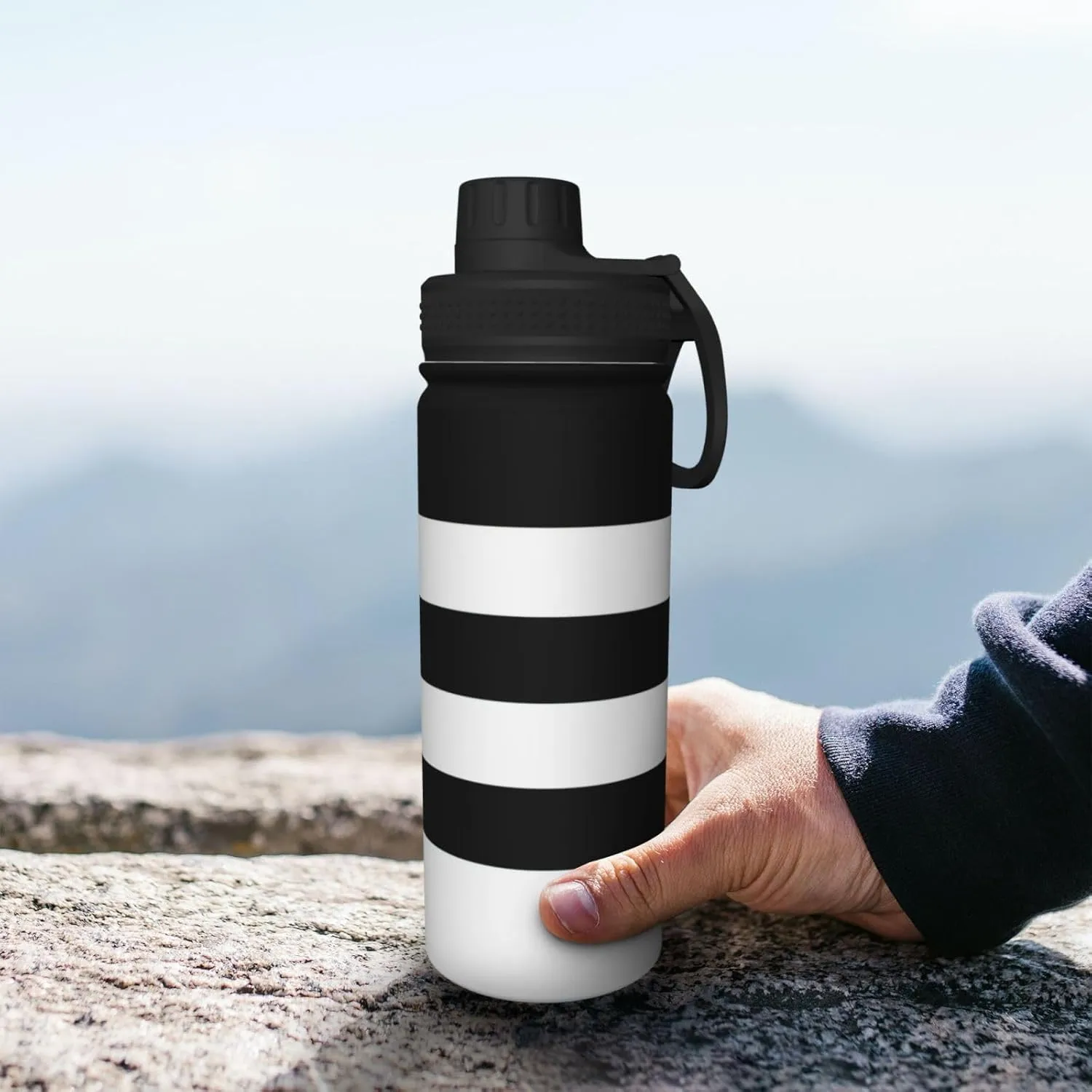 SSIMOO Stripes Black White 18oz Sports Insulated Bottle For Outdoor Activities,Your Ideal Companion Staying Hydrated