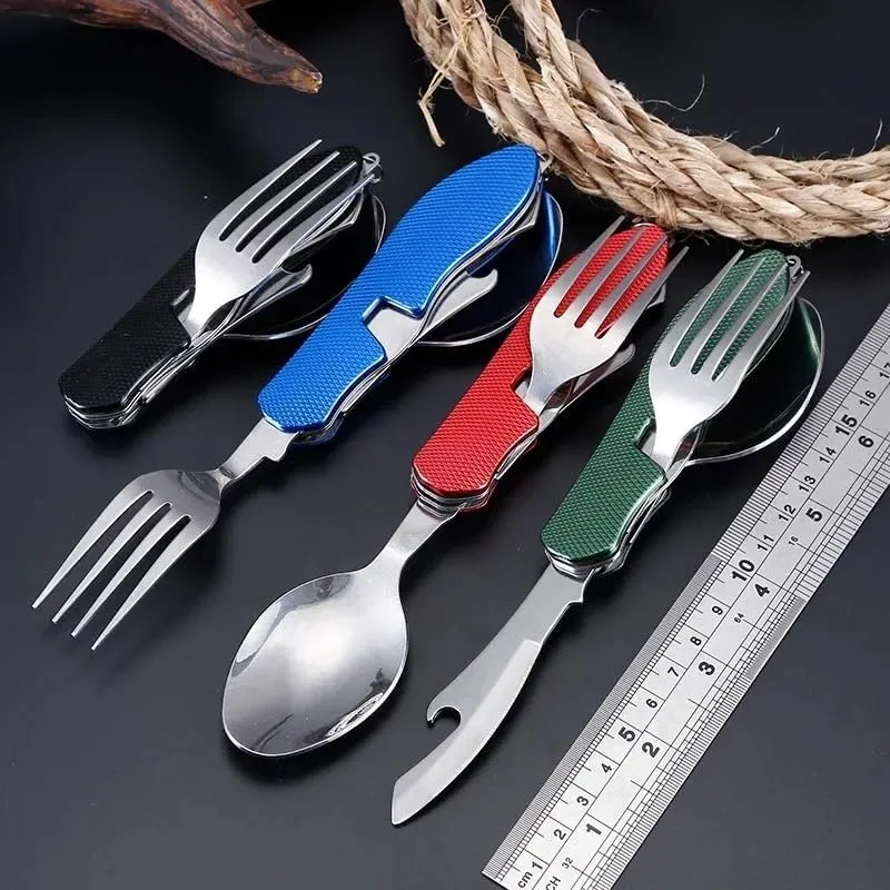 Stainless Steel Cutlery Fork Spoon 3 In 1 Outdoor Camping Equipment Tableware Foldable(Blue)
