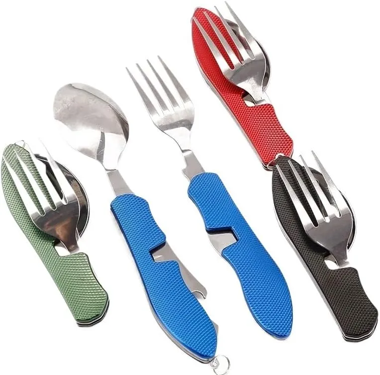 Stainless Steel Cutlery Fork Spoon 3 In 1 Outdoor Camping Equipment Tableware Foldable(Blue)