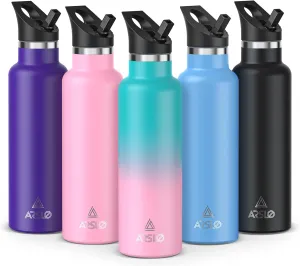 Stainless Steel Double Wall Water Bottles, Vacuum Insulated Bottle With Straw Lid, Insulated Water Bottle Keeps Water Cold for 24 Hours, Hot for 12 Hours, Hiking, Sports