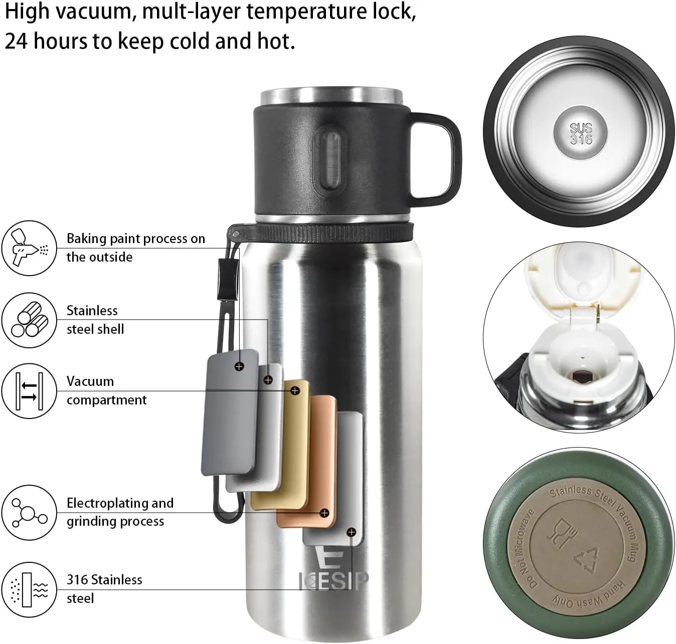 Stainless Steel Insulated Bottle, 27oz with cup Vacuum Insulated Water Bottle, Thermo for Hot Drinks/Cold Drinks,24-Hr Insulation Commute, Travel