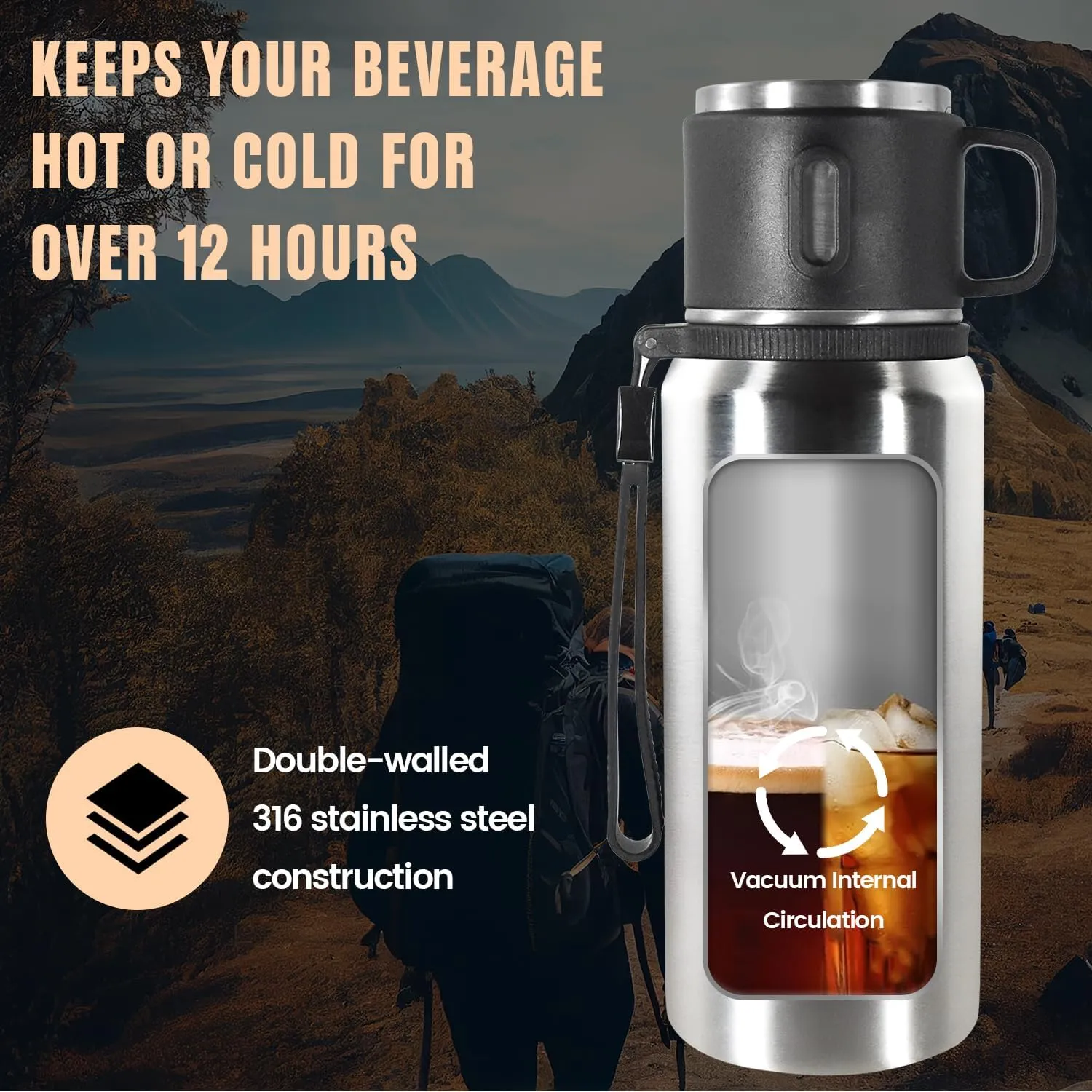 Stainless Steel Insulated Bottle, 27oz with cup Vacuum Insulated Water Bottle, Thermo for Hot Drinks/Cold Drinks,24-Hr Insulation Commute, Travel