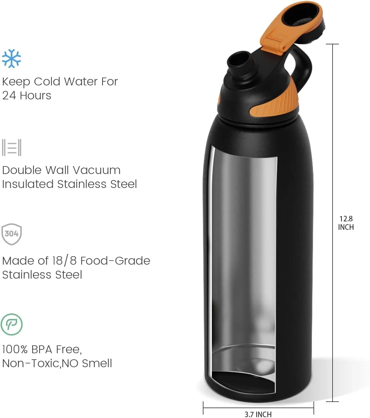Stainless Steel Insulated Sports Water Bottle 50oz, BPA-Free, Double-Wall Vacuum, Magnetic Cap, No Straw, Cup Brush Included - Ideal Thermos for School, Fitness, and Outdoor Activities