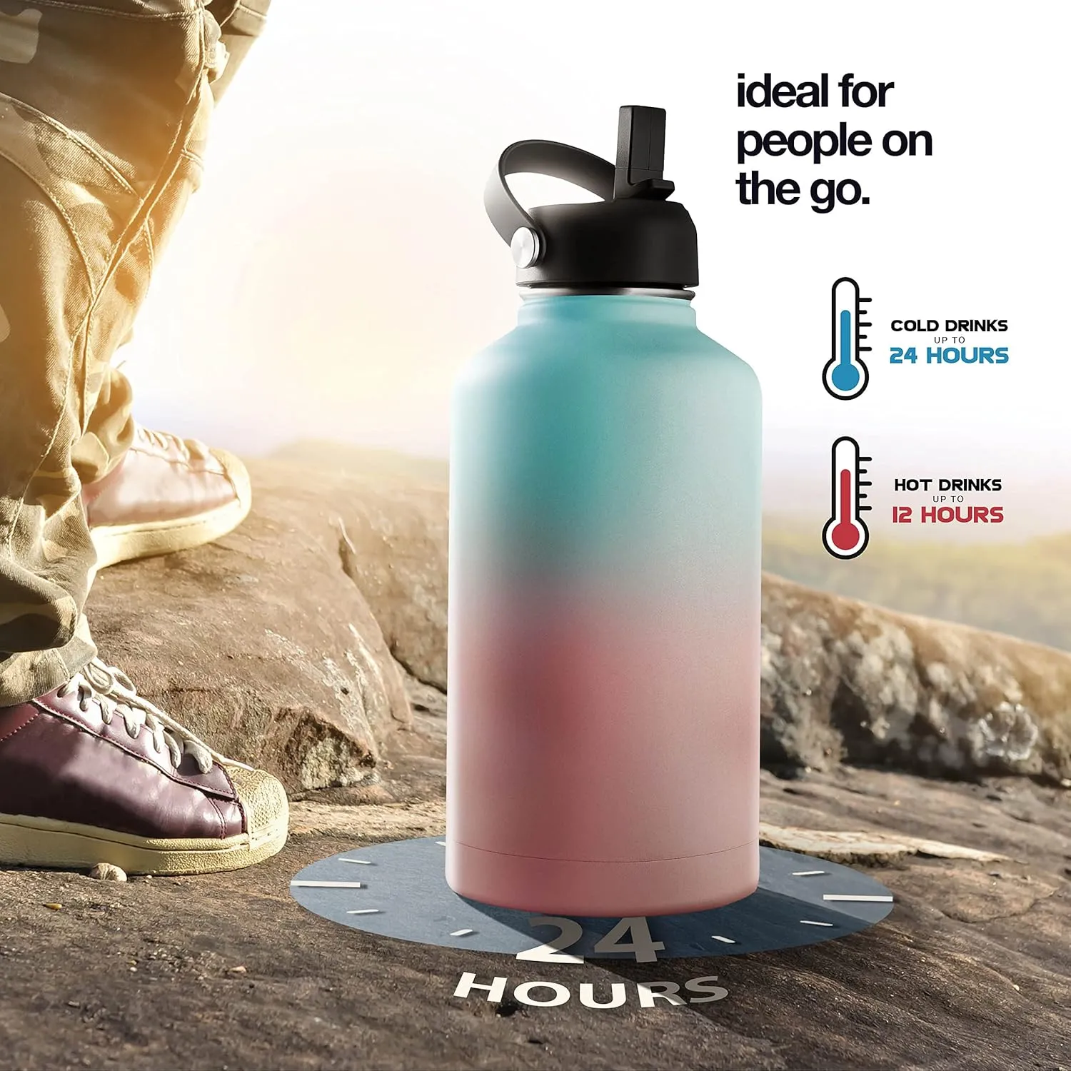 Stainless Steel Insulated Water Bottle and Travel Mug for Hot and Cold Beverages, Wide Mouth, Double Wall Insulated Hydration Sports Water Bottle for Hiking, Biking, Outdoor, 64 OZ BPA Free