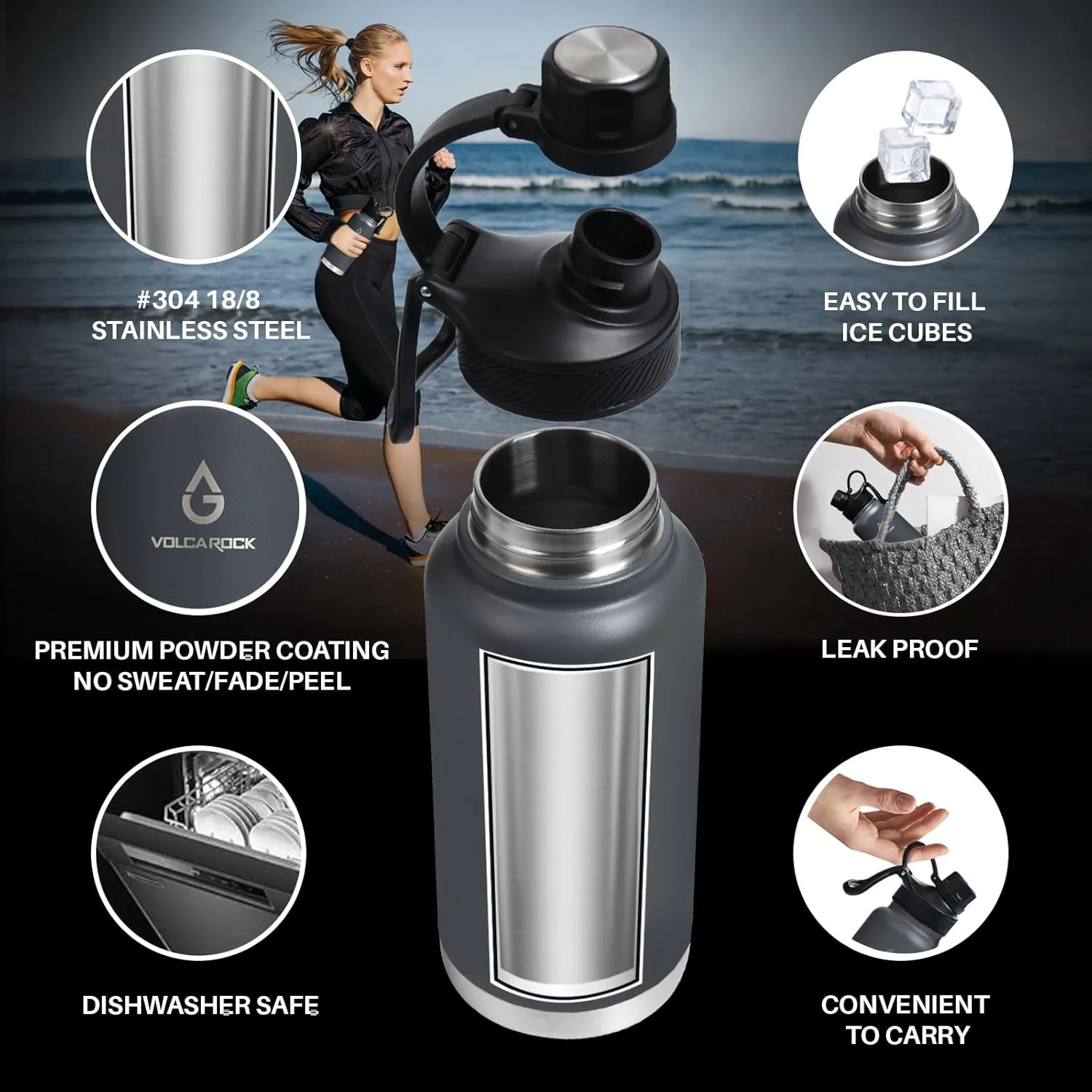 Stainless Steel Sports Water Bottle with Straw Lid Dustproof, 3 Lids, 24/32/40/64 oz BPA Free Vacumm Insulated Water bottle, Leakproof and Sweat Free, Perfect for The Go - 32 Oz Grey