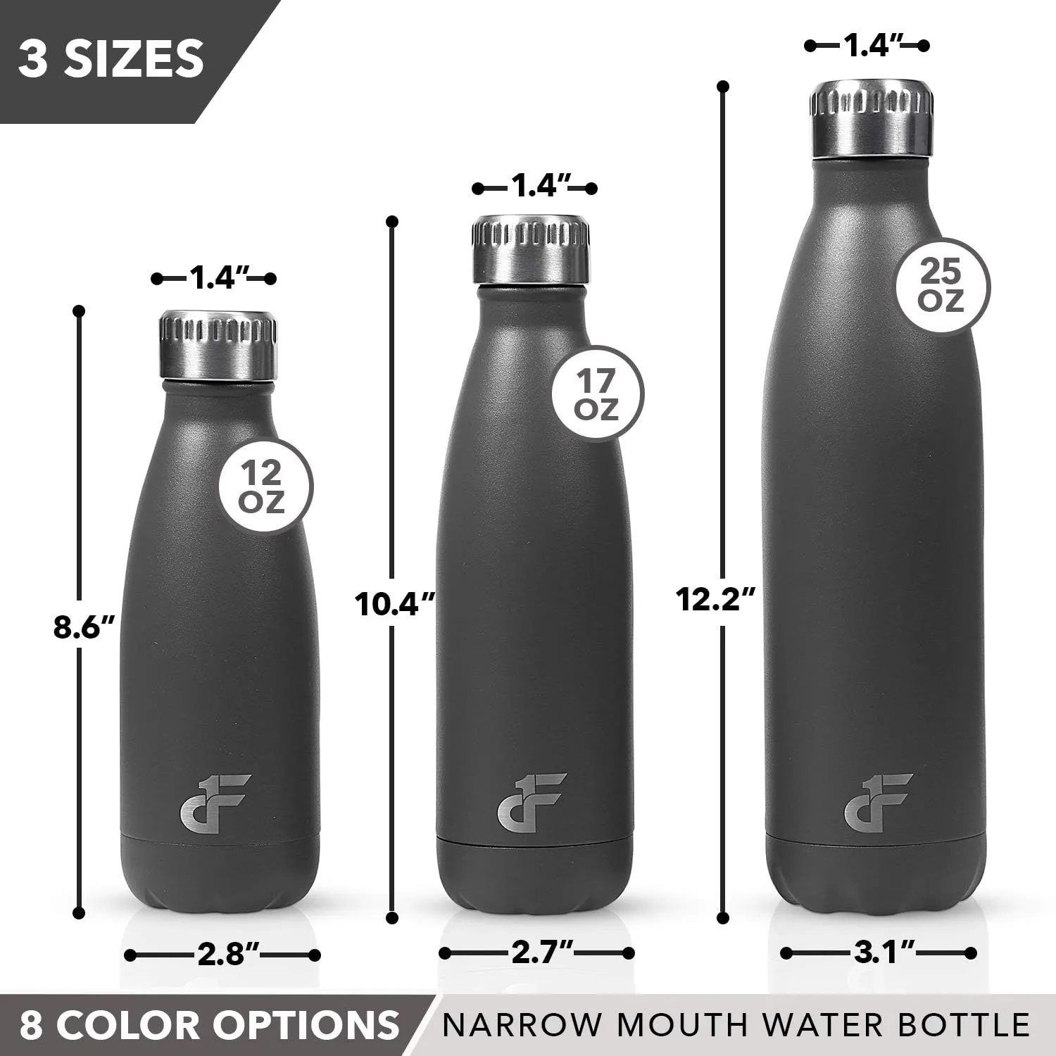 Stainless Steel Water Bottle Narrow Mouth with Screw Lid (12, 17, or 25 oz) - 3 Size and 8 Color Options - Vacuum Insulated, Double Wall, Powder Coated Sweat Proof Thermos