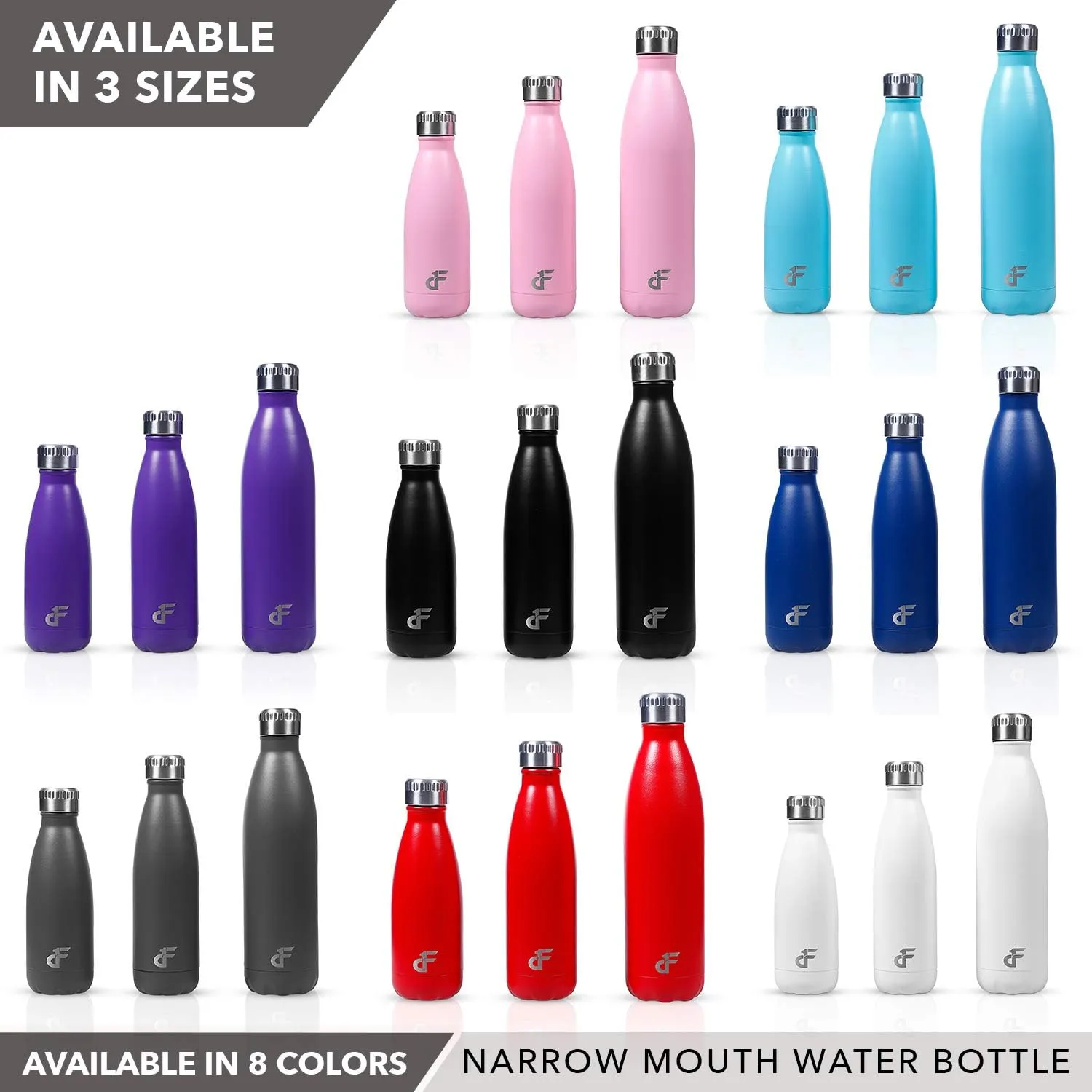 Stainless Steel Water Bottle Narrow Mouth with Screw Lid (12, 17, or 25 oz) - 3 Size and 8 Color Options - Vacuum Insulated, Double Wall, Powder Coated Sweat Proof Thermos