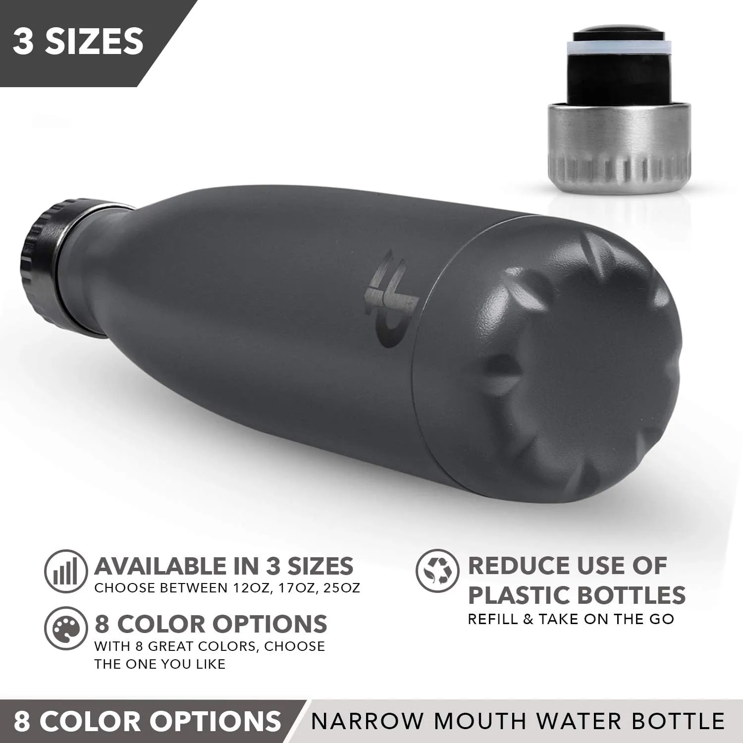 Stainless Steel Water Bottle Narrow Mouth with Screw Lid (12, 17, or 25 oz) - 3 Size and 8 Color Options - Vacuum Insulated, Double Wall, Powder Coated Sweat Proof Thermos