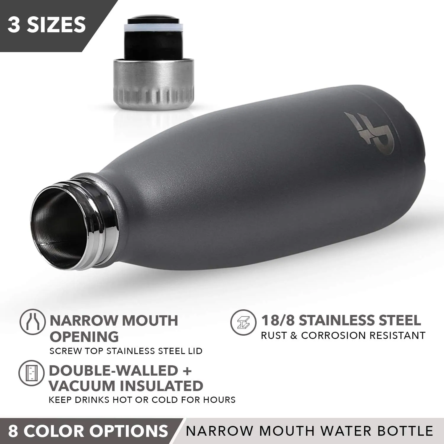 Stainless Steel Water Bottle Narrow Mouth with Screw Lid (12, 17, or 25 oz) - 3 Size and 8 Color Options - Vacuum Insulated, Double Wall, Powder Coated Sweat Proof Thermos