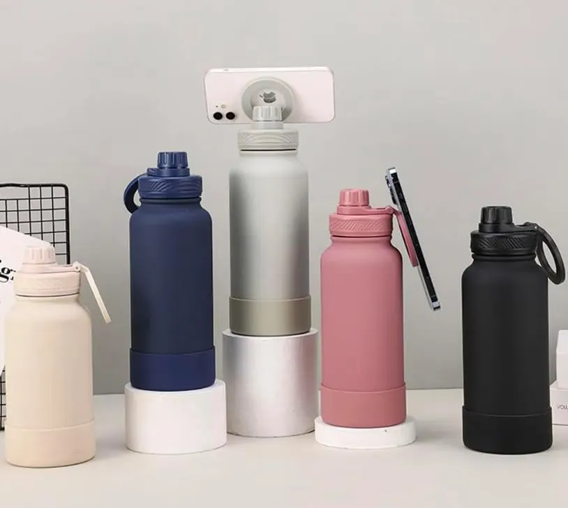 Stainless Steel water bottle with magnetic PHONE holder, water bottle with phone magnet, travel insulated cold water bottle gym1000ml (33onzas). (Cream), Large, CGK240311