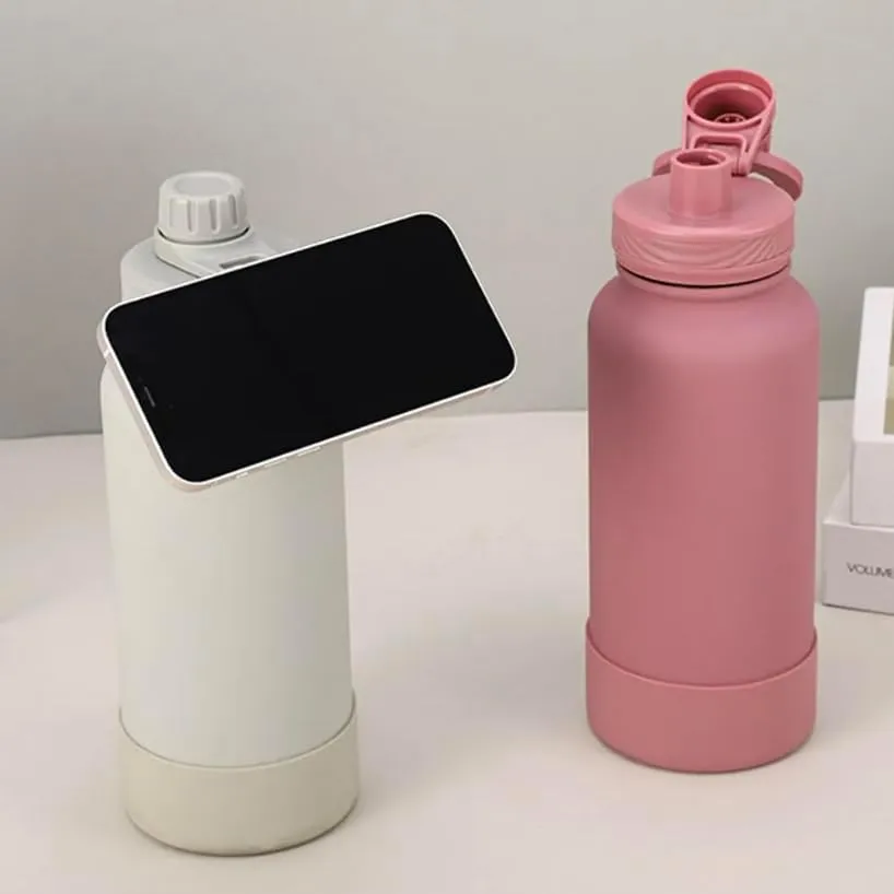 Stainless Steel water bottle with magnetic PHONE holder, water bottle with phone magnet, travel insulated cold water bottle gym1000ml (33onzas). (Cream), Large, CGK240311
