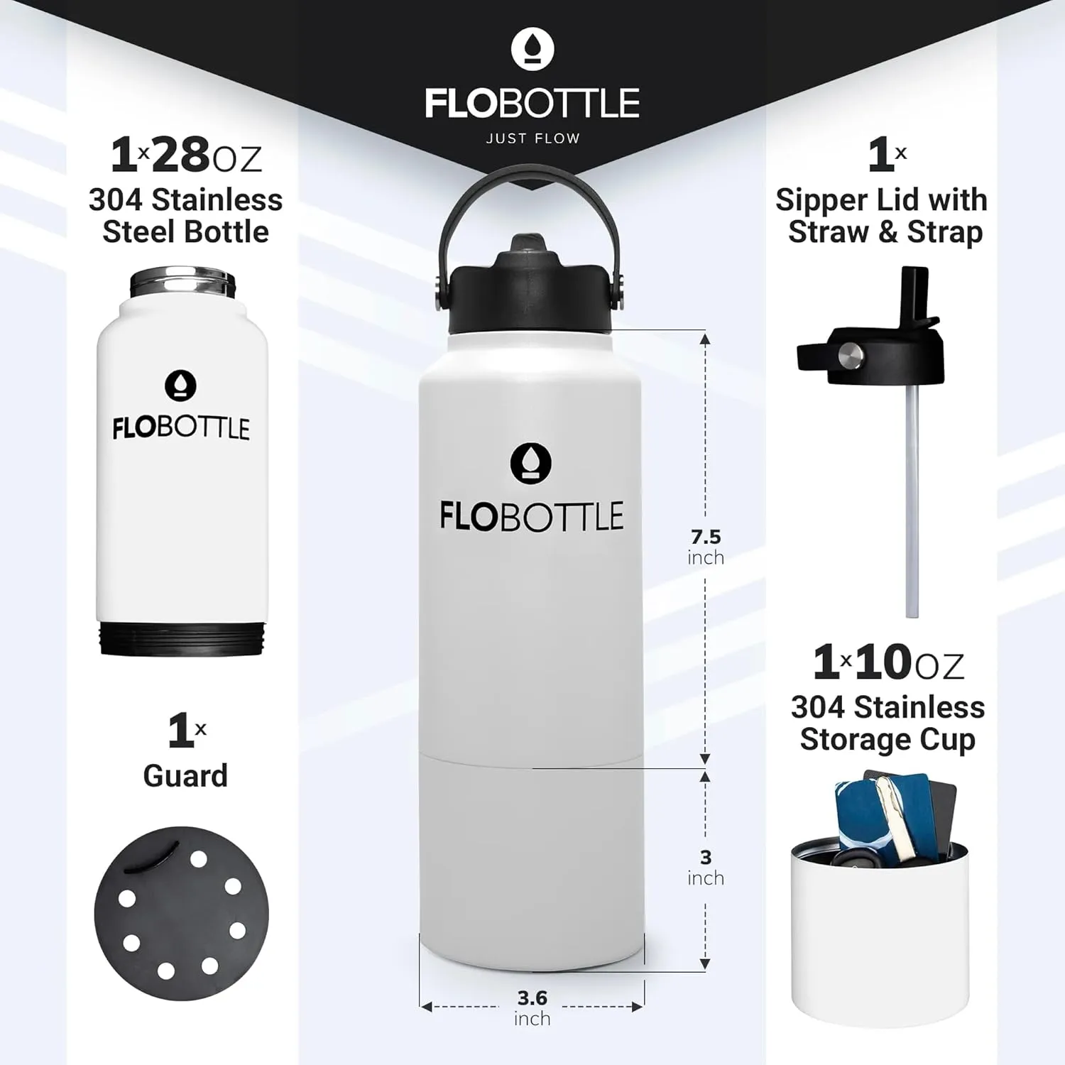 Stainless Steel Water Bottle with Straw, 28 Oz Insulated, Leak Proof, BPA-Free, Storage Compartment (Streamal White)