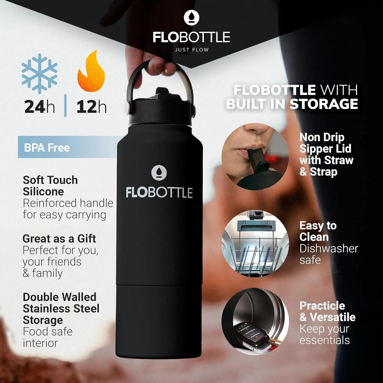 Stainless Steel Water Bottle with Straw, 28 Oz Insulated Water Bottle With Storage, Leak Proof Water Bottle, BPA-Free Water Bottle with Storage Compartment (Jetoro Black)