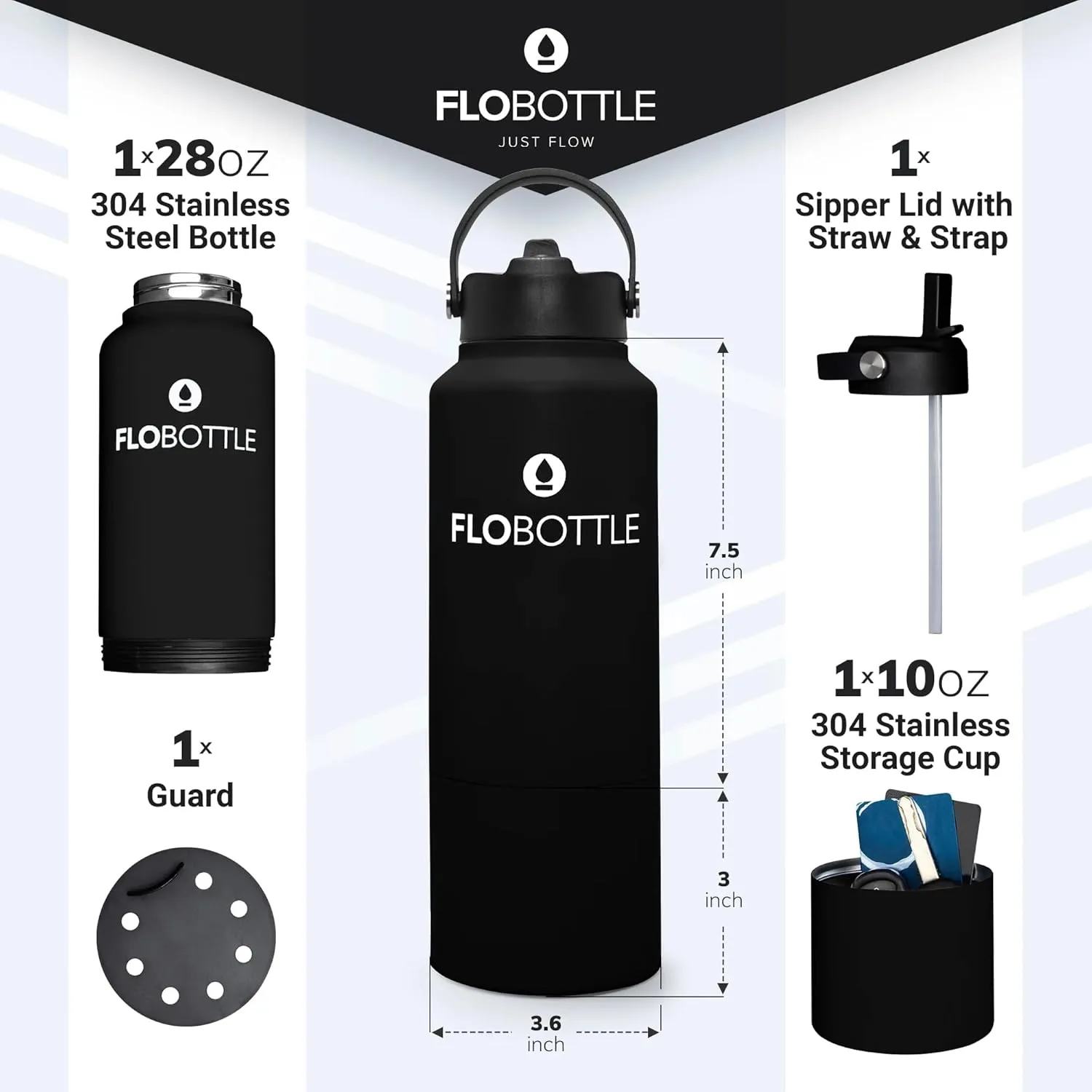 Stainless Steel Water Bottle with Straw, 28 Oz Insulated Water Bottle With Storage, Leak Proof Water Bottle, BPA-Free Water Bottle with Storage Compartment (Jetoro Black)