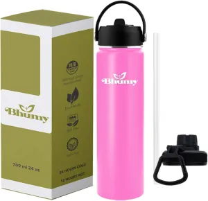 Stainless Steel Water Bottles – 24oz Double Wall Stainless Steel Insulated Water Bottle – Water Bottle with Straw and 2 Caps – Leakproof Sports Water Bottle Water for Gym, Office, Travel