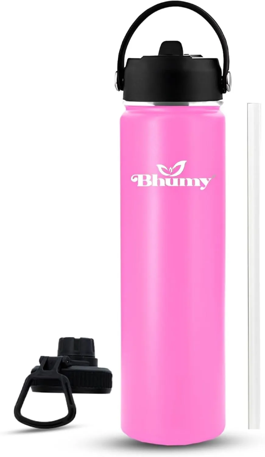 Stainless Steel Water Bottles – 24oz Double Wall Stainless Steel Insulated Water Bottle – Water Bottle with Straw and 2 Caps – Leakproof Sports Water Bottle Water for Gym, Office, Travel