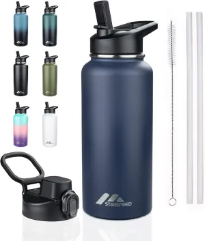 StarSpeed 32oz Insulated Water Bottle with Straws & 2 Lids, Stainless Steel Double Walled Vacuum Water Flask, Wide Mouth Sports Water Bottle for Gym Camping Hiking, Navy Blue