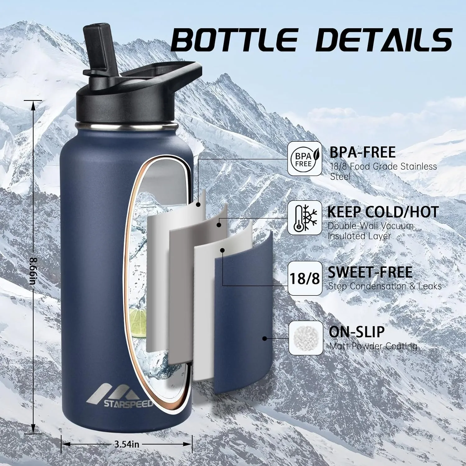 StarSpeed 32oz Insulated Water Bottle with Straws & 2 Lids, Stainless Steel Double Walled Vacuum Water Flask, Wide Mouth Sports Water Bottle for Gym Camping Hiking, Navy Blue