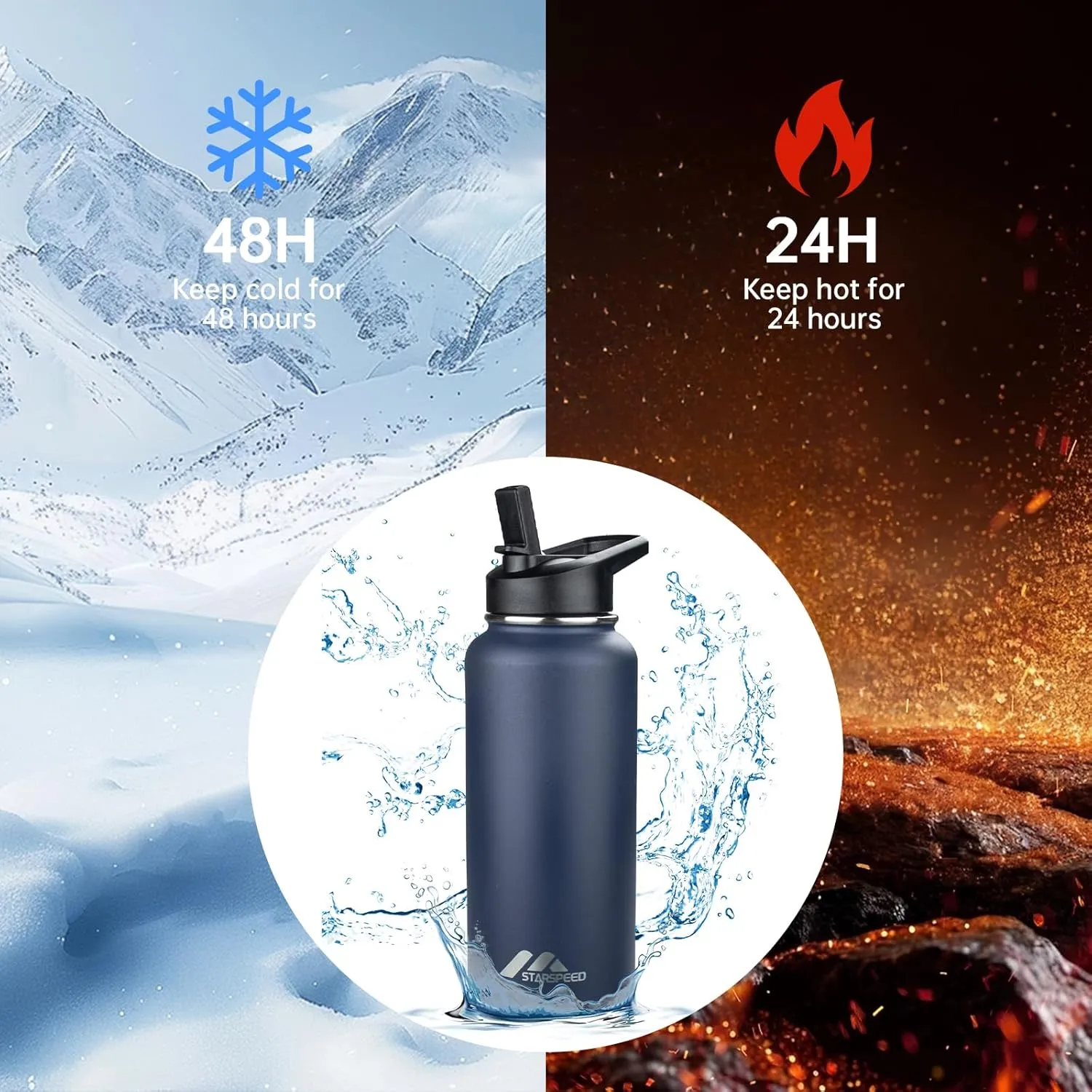 StarSpeed 32oz Insulated Water Bottle with Straws & 2 Lids, Stainless Steel Double Walled Vacuum Water Flask, Wide Mouth Sports Water Bottle for Gym Camping Hiking, Navy Blue