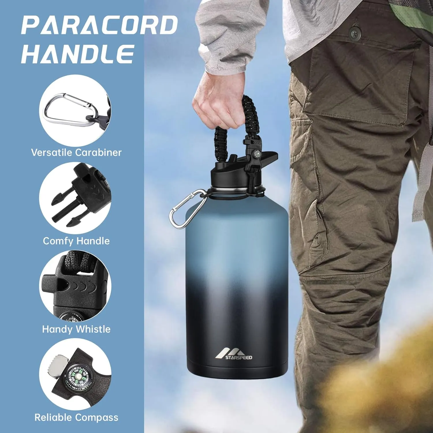 StarSpeed One Gallon Insulated Water Bottle with Straws & 2 Lids, 128oz Stainless Steel Double Walled Vacuum Water Jug, Large Wide Mouth with Paracord Handle for Gym Camping Hiking, Indigo Black