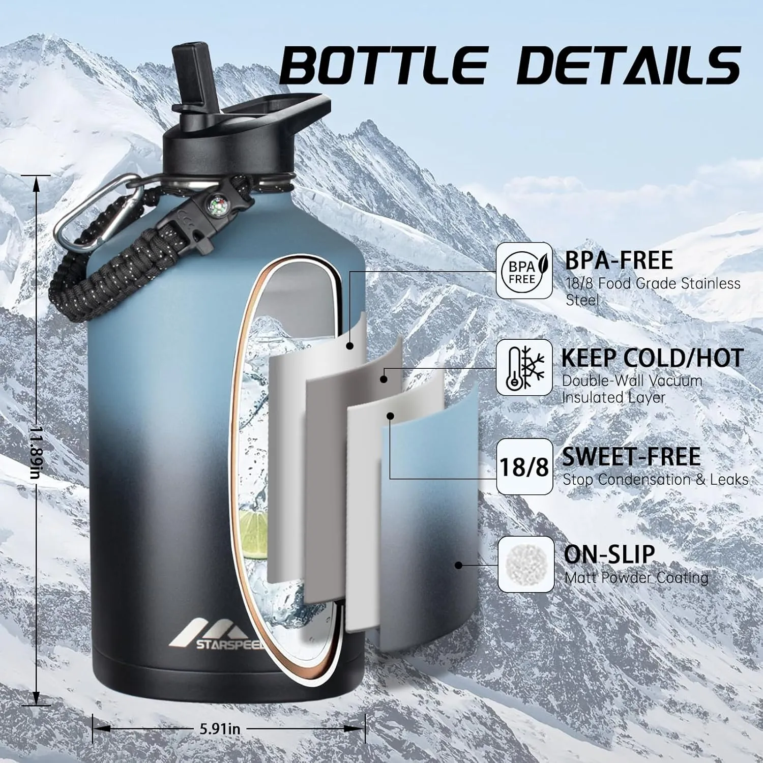 StarSpeed One Gallon Insulated Water Bottle with Straws & 2 Lids, 128oz Stainless Steel Double Walled Vacuum Water Jug, Large Wide Mouth with Paracord Handle for Gym Camping Hiking, Indigo Black