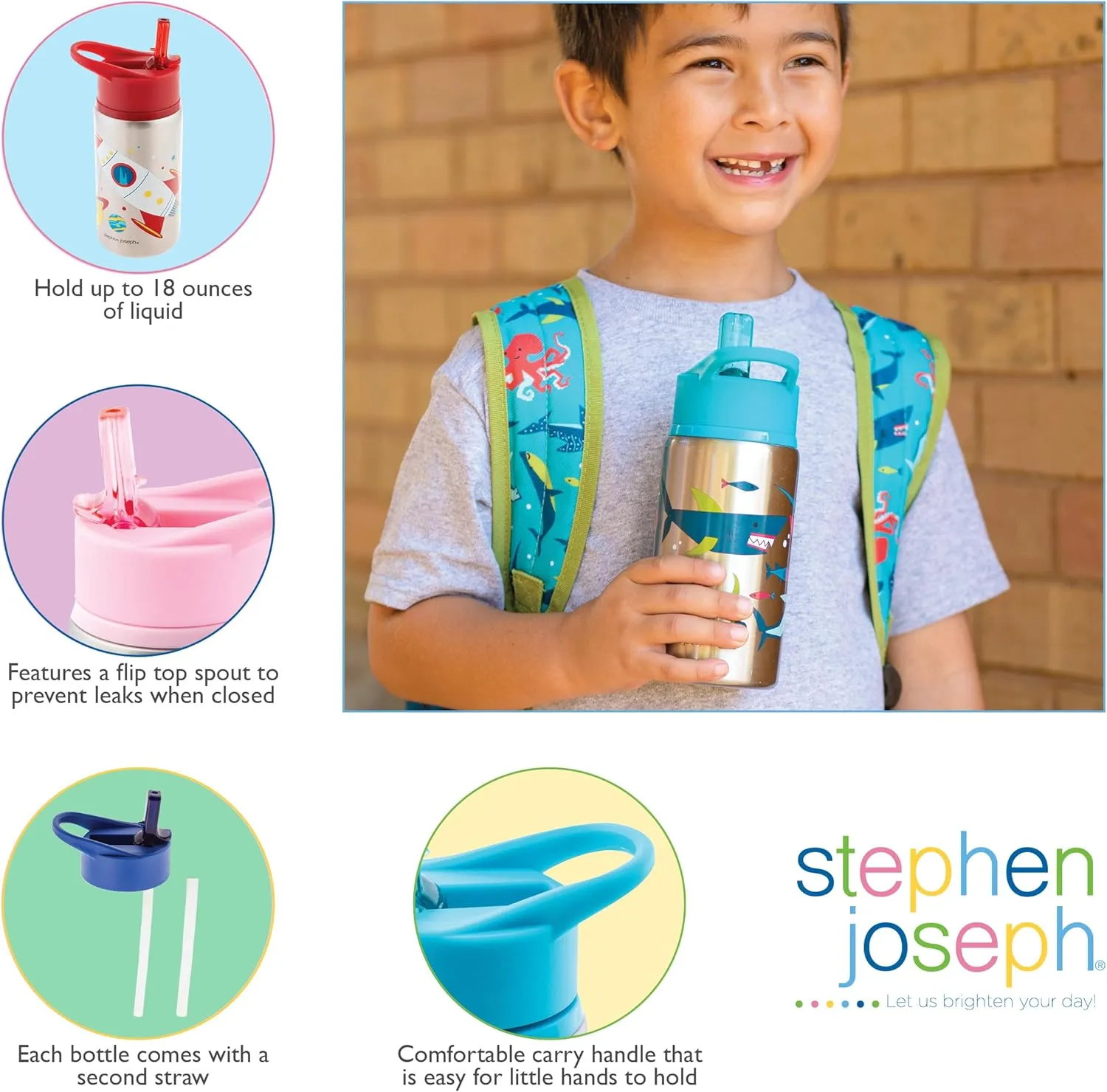 Stephen Joseph Stainless Steel Water Bottles, 18 OZ, Straw lid, Reusable tumbler, Insulated, Transportation