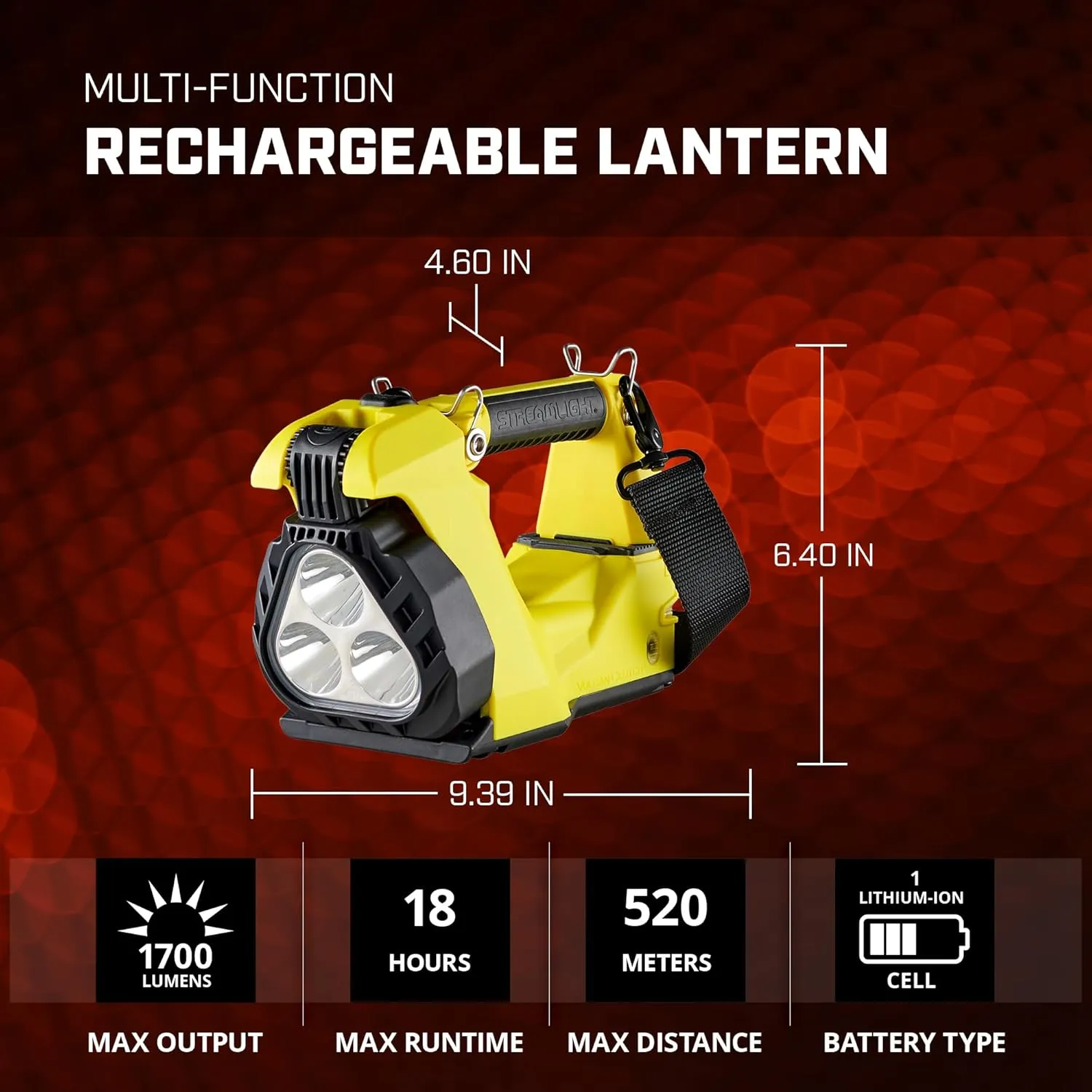 Streamlight 44371 Vulcan Clutch 1700-Lumen Rechargeable Multi-Function Lantern with 120V/100V AC/12V DC, Includes Heavy Duty Shoulder Strap, Yellow