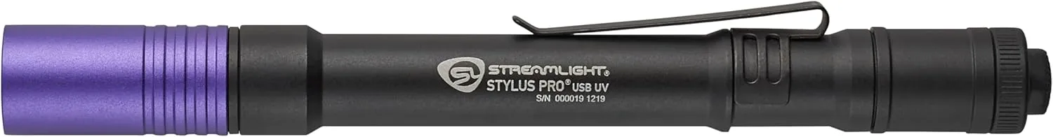 Streamlight 66148 Stylus Pro USB 400nm UV Rechargeable Penlight with 120V AC Adapter, USB Cord and Nylon Holster, Black
