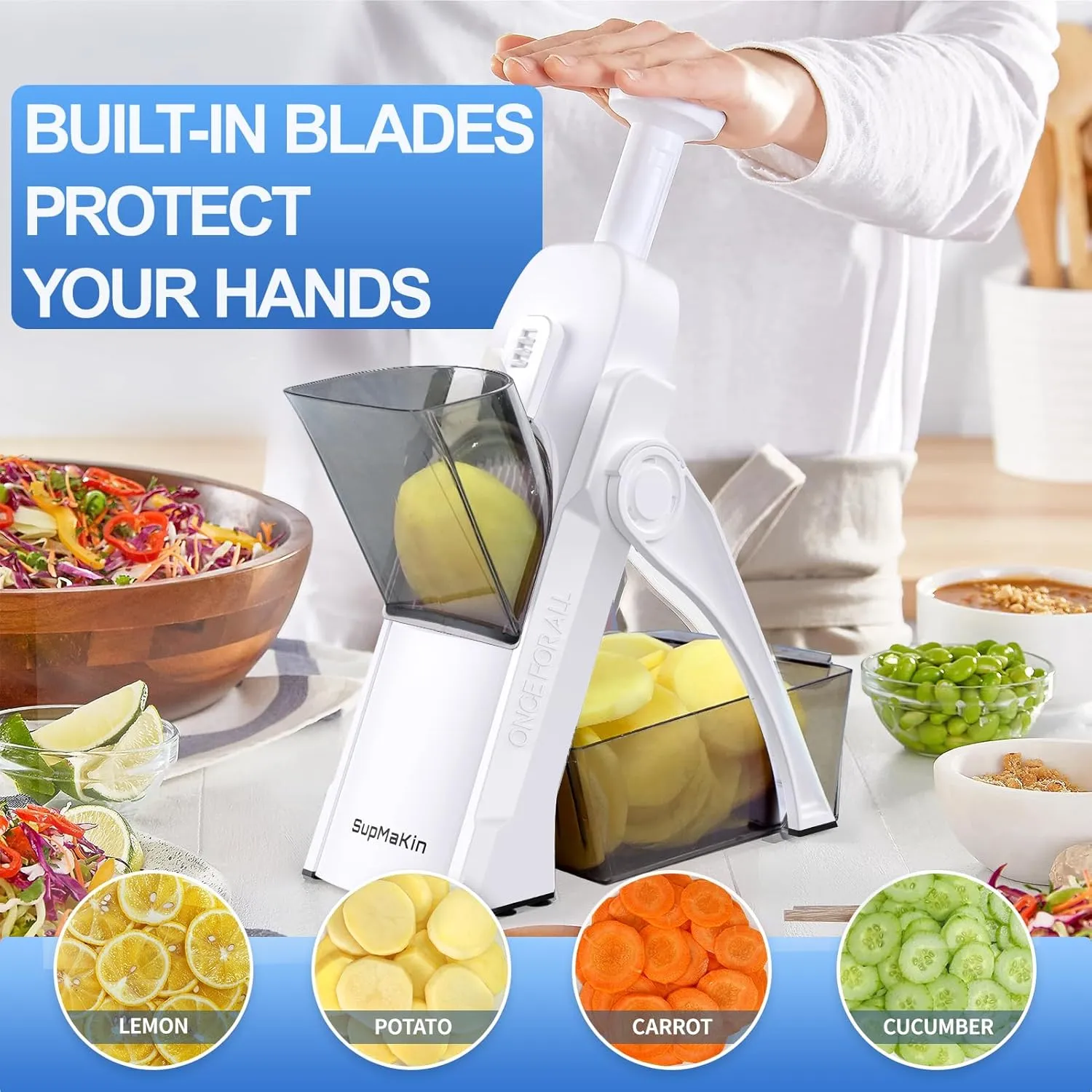 SUPMAKIN Safe Mandoline Slicer for Kitchen, Potato Slicer for Chips, Vegetable & Food Slicer,Thickness Adjustable 0.1-8 mm, Kitchen Faster Slice Artifact White (Only Slicer)