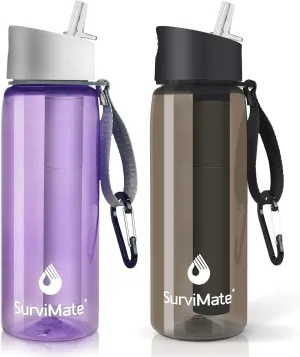 SurviMate Purified Water Bottle for Camping, Hiking, Backpacking and Travel, BPA Free with 5-Stage Intergrated Filter Straw