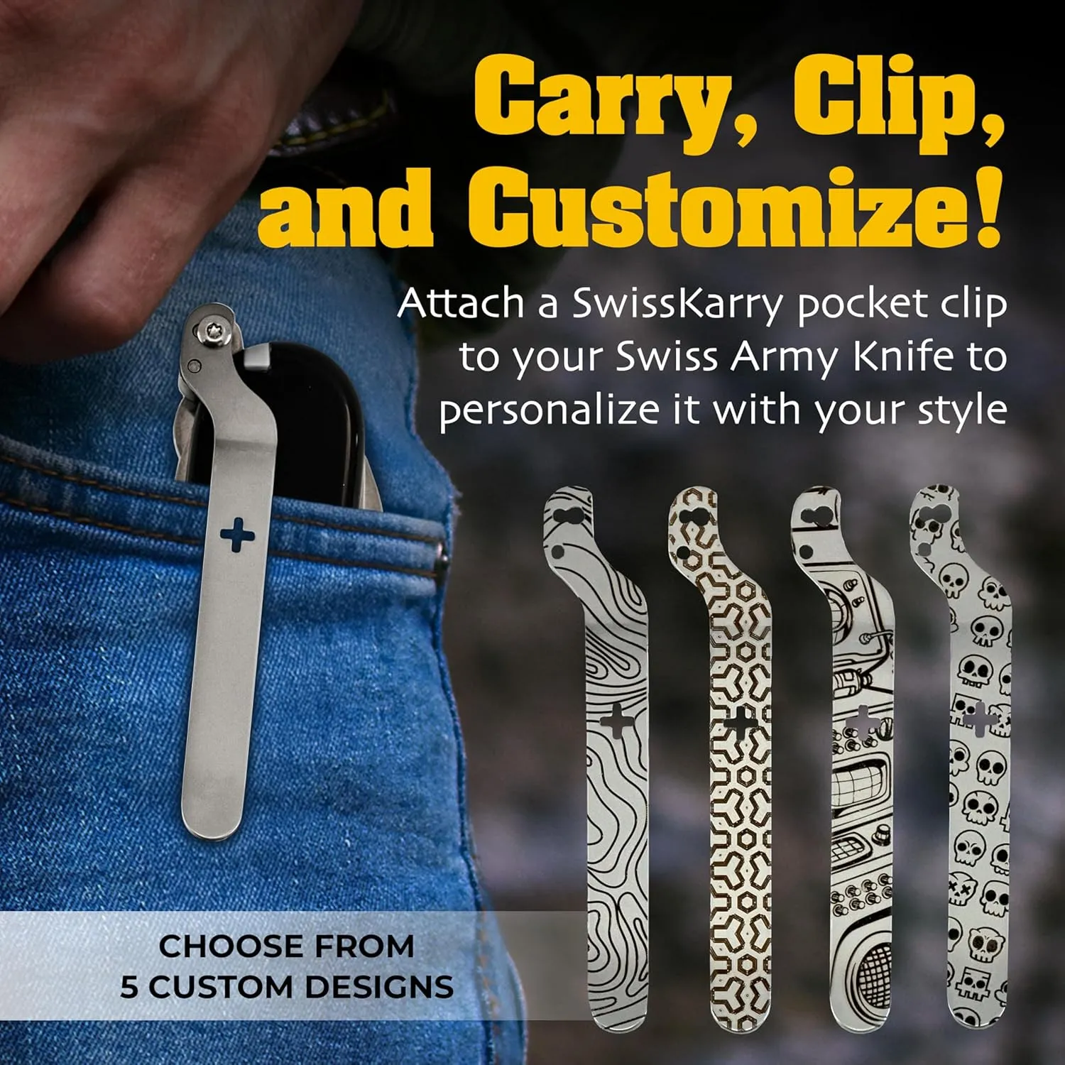 SwissKarry Clip Compatible with most 91mm Victorinox Swiss Army Knife Models. 5 Custom Designs for a Personalised Pocket Knife. Be Ready for the Unexpected. Stainless Steel Tough. ‘Pure Matte’