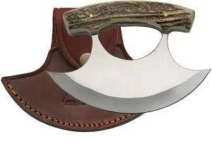 SZCO SUPPLIES 5.5" Ulu Knife with Authentic Stag Handle and Stainless Steel Crescent Blade, Includes Leather Sheath – Ideal for Cooking, Hunting, and Camping