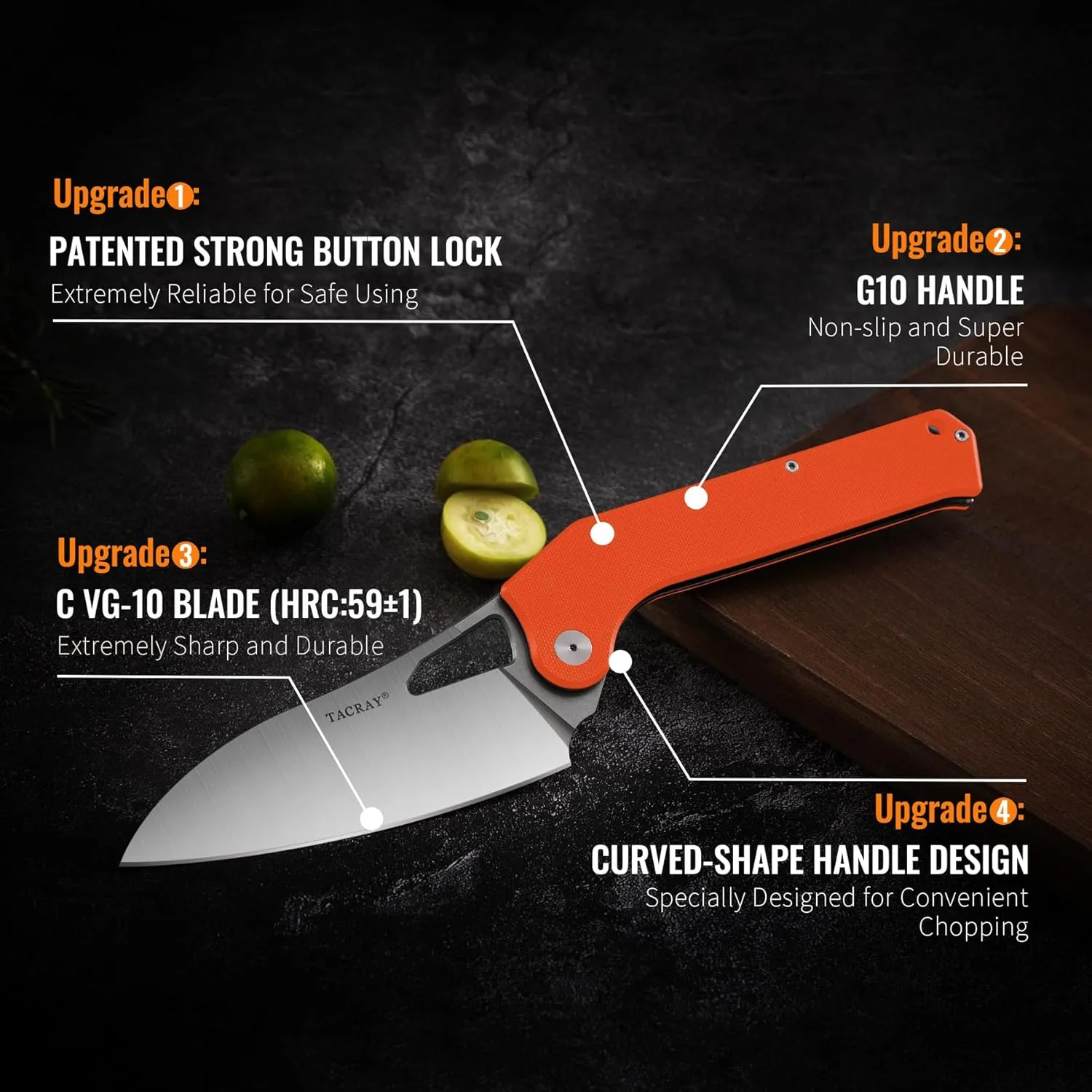 TACRAY Folding Kitchen Chef Knife, 4.4" Foldable Camping Knife with 10cr15mov Stainless Steel Blade, Anti-skidding and Ergonomic Designed G10 Handle for both Indoor and Outdoor Cooking