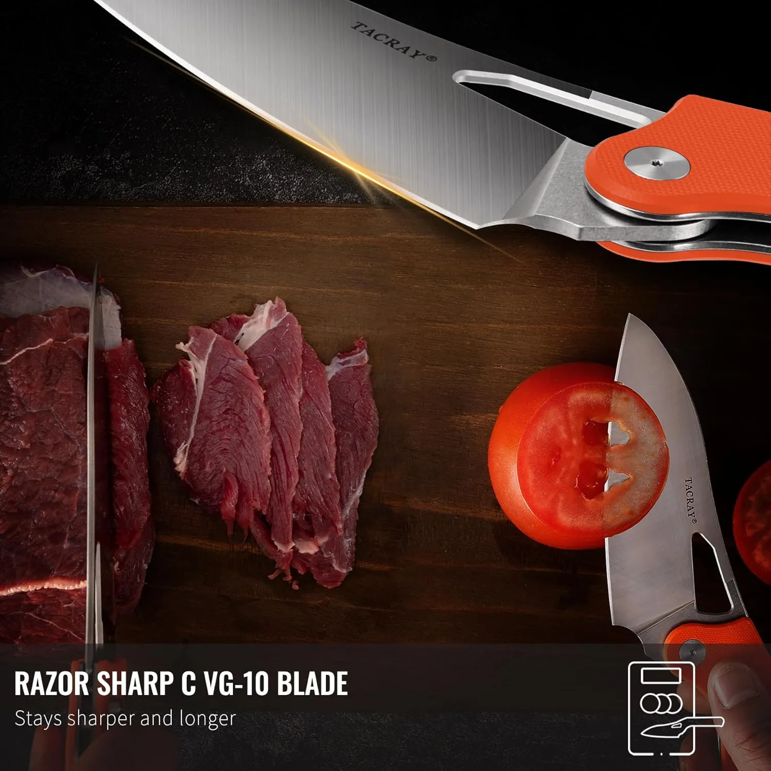 TACRAY Folding Kitchen Chef Knife, 4.4" Foldable Camping Knife with 10cr15mov Stainless Steel Blade, Anti-skidding and Ergonomic Designed G10 Handle for both Indoor and Outdoor Cooking