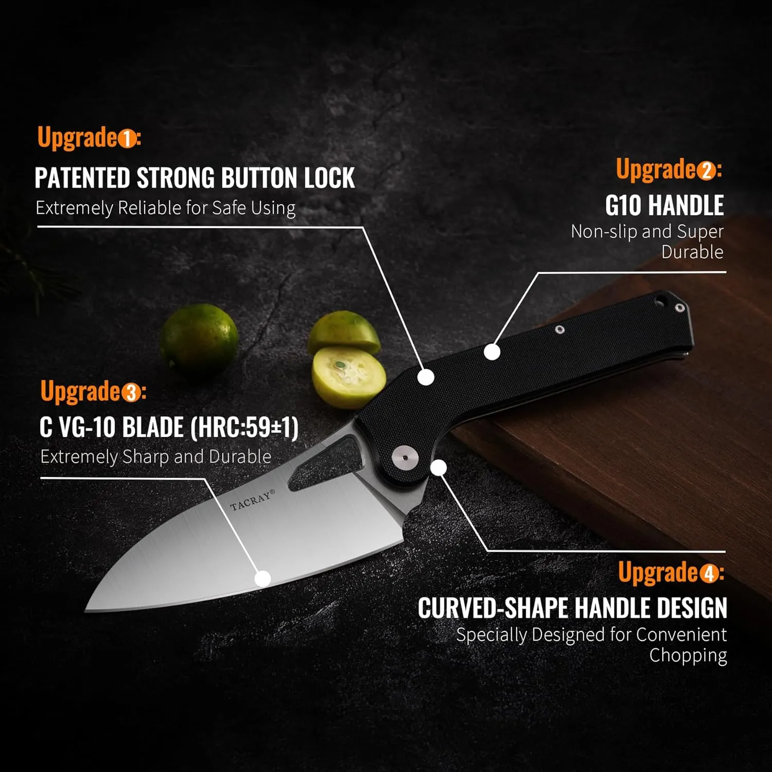 TACRAY Folding Kitchen Chef Knife, 4.4" Foldable Camping Knife with 10cr15mov Stainless Steel Blade, Anti-skidding and Ergonomic Designed G10 Handle for both Indoor and Outdoor Cooking