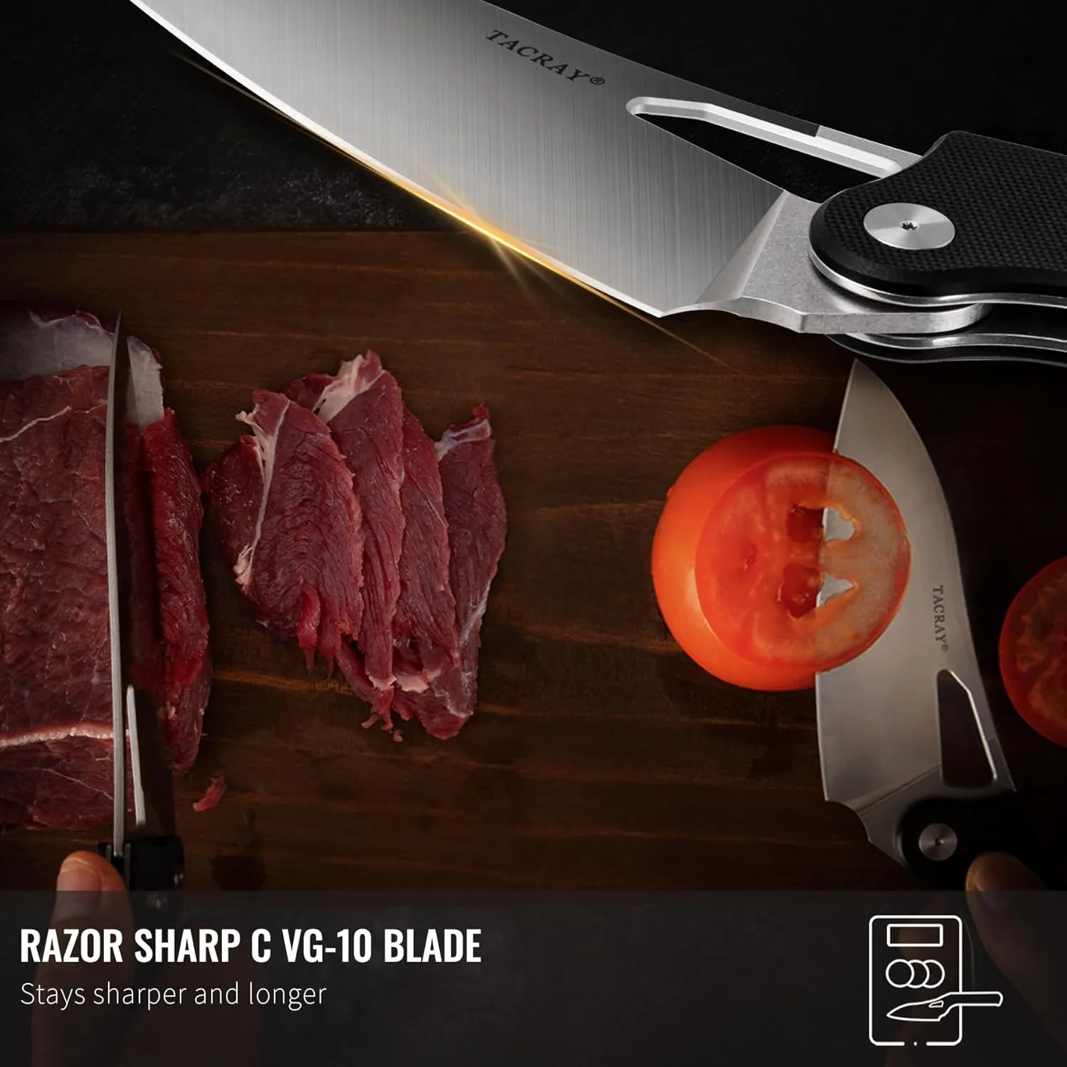 TACRAY Folding Kitchen Chef Knife, 4.4" Foldable Camping Knife with 10cr15mov Stainless Steel Blade, Anti-skidding and Ergonomic Designed G10 Handle for both Indoor and Outdoor Cooking