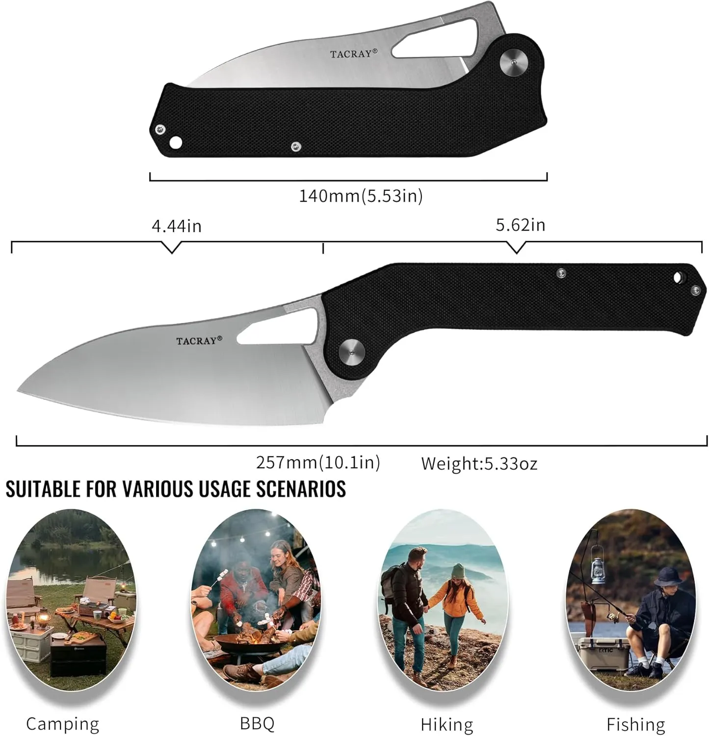 TACRAY Folding Kitchen Chef Knife, 4.4" Foldable Camping Knife with 10cr15mov Stainless Steel Blade, Anti-skidding and Ergonomic Designed G10 Handle for both Indoor and Outdoor Cooking