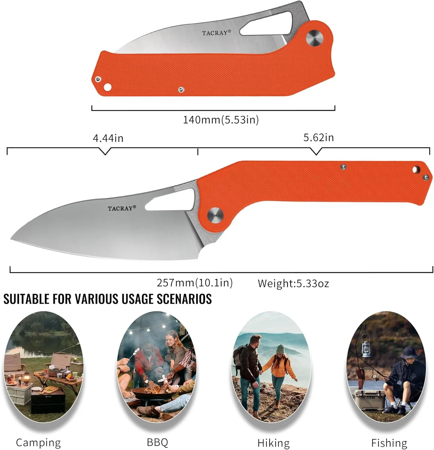 TACRAY Folding Kitchen Chef Knife, 4.4" Foldable Camping Knife with 10cr15mov Stainless Steel Blade, Anti-skidding and Ergonomic Designed G10 Handle for both Indoor and Outdoor Cooking
