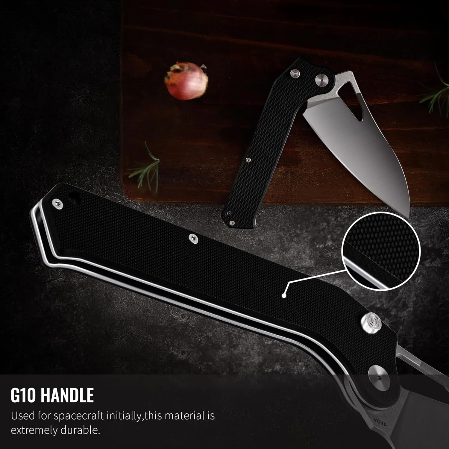 TACRAY Folding Kitchen Chef Knife, 4.4" Foldable Camping Knife with 10cr15mov Stainless Steel Blade, Anti-skidding and Ergonomic Designed G10 Handle for both Indoor and Outdoor Cooking