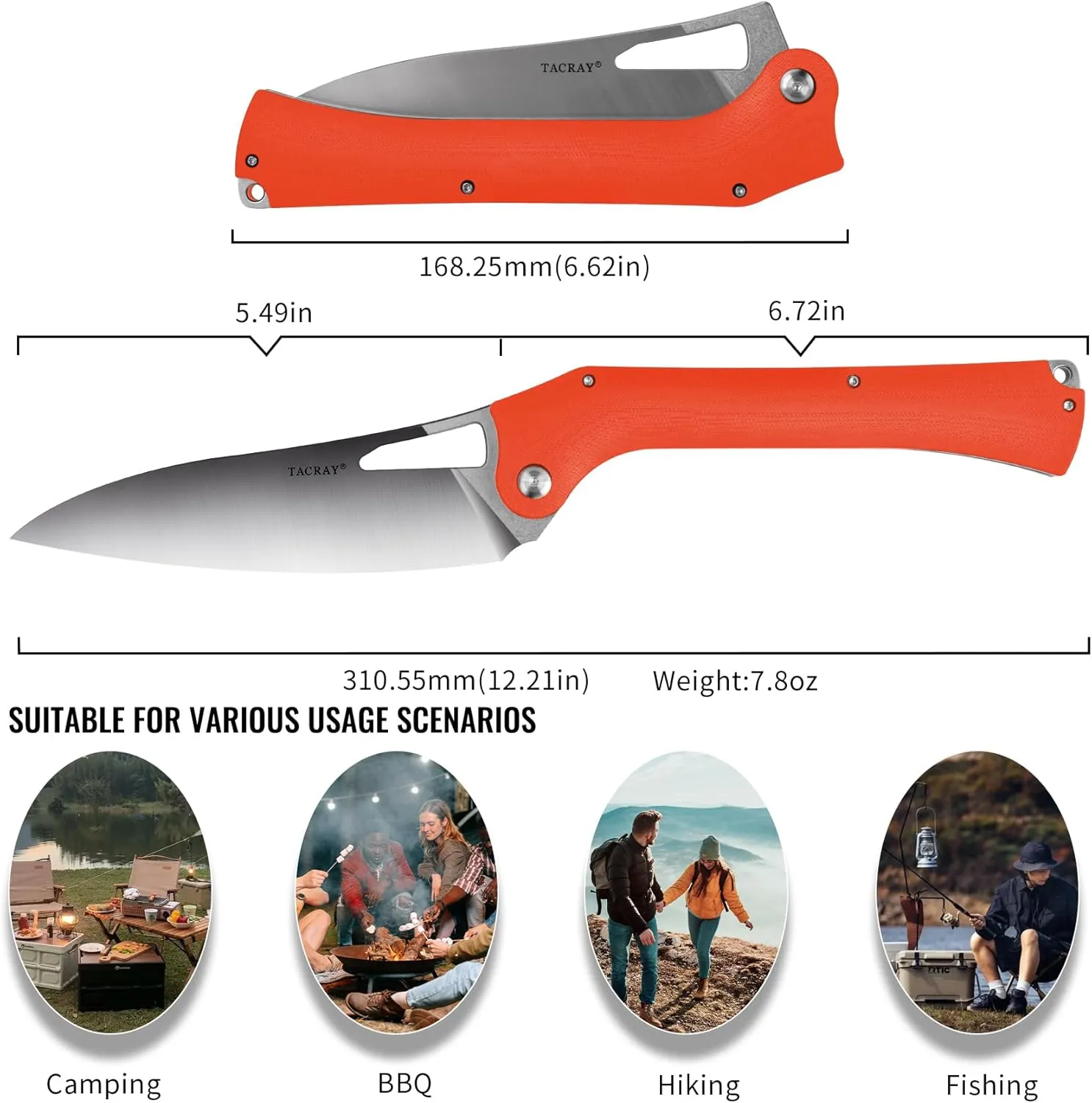 TACRAY Folding Kitchen Chef Knife, 5.49" Foldable Camping Knife with 10cr15mov Stainless Steel Blade, Anti-skidding and Ergonomic Designed G10 Handle for both Indoor and Outdoor Cooking