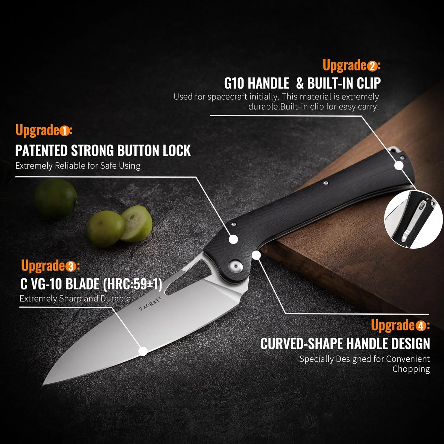 TACRAY Folding Kitchen Chef Knife, 5.49" Foldable Camping Knife with 10cr15mov Stainless Steel Blade, Anti-skidding and Ergonomic Designed G10 Handle for both Indoor and Outdoor Cooking