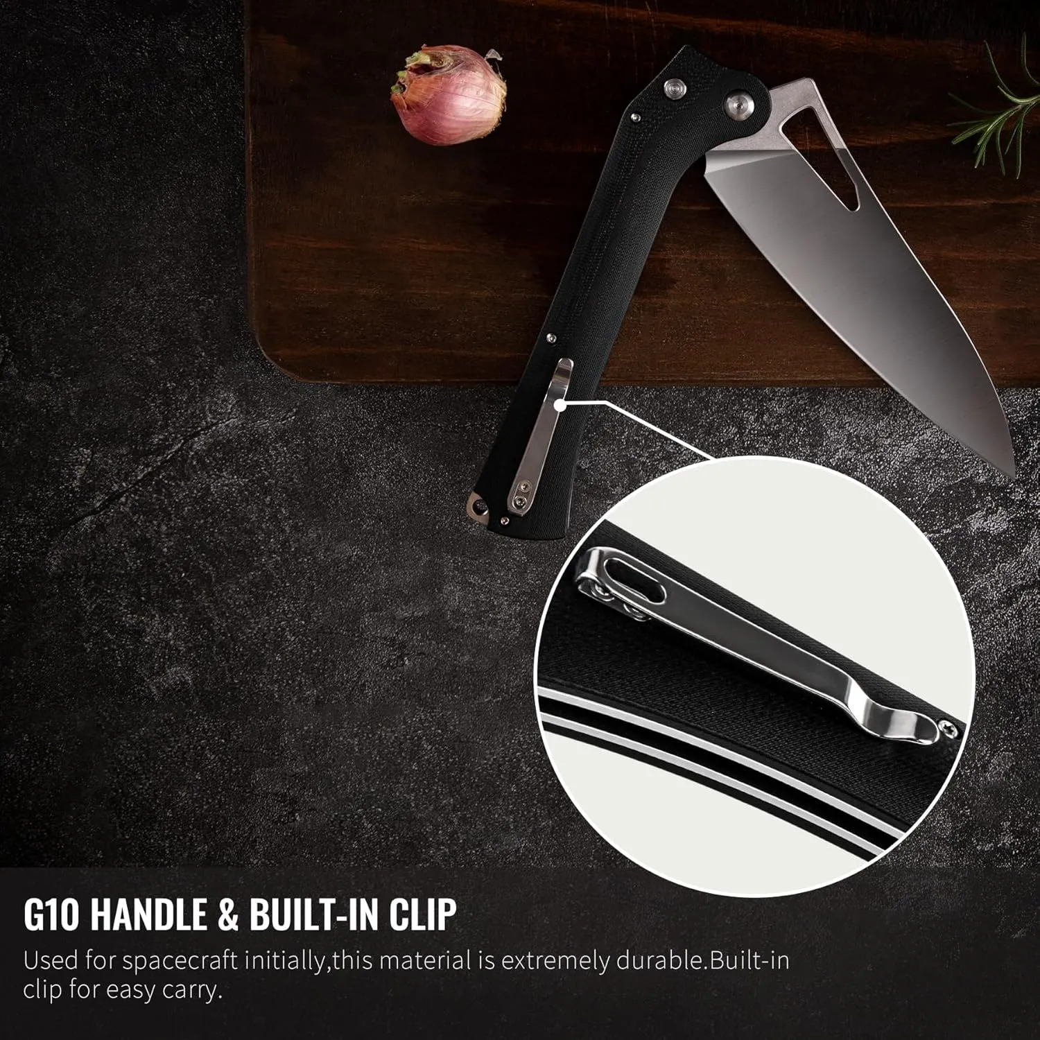 TACRAY Folding Kitchen Chef Knife, 5.49" Foldable Camping Knife with 10cr15mov Stainless Steel Blade, Anti-skidding and Ergonomic Designed G10 Handle for both Indoor and Outdoor Cooking