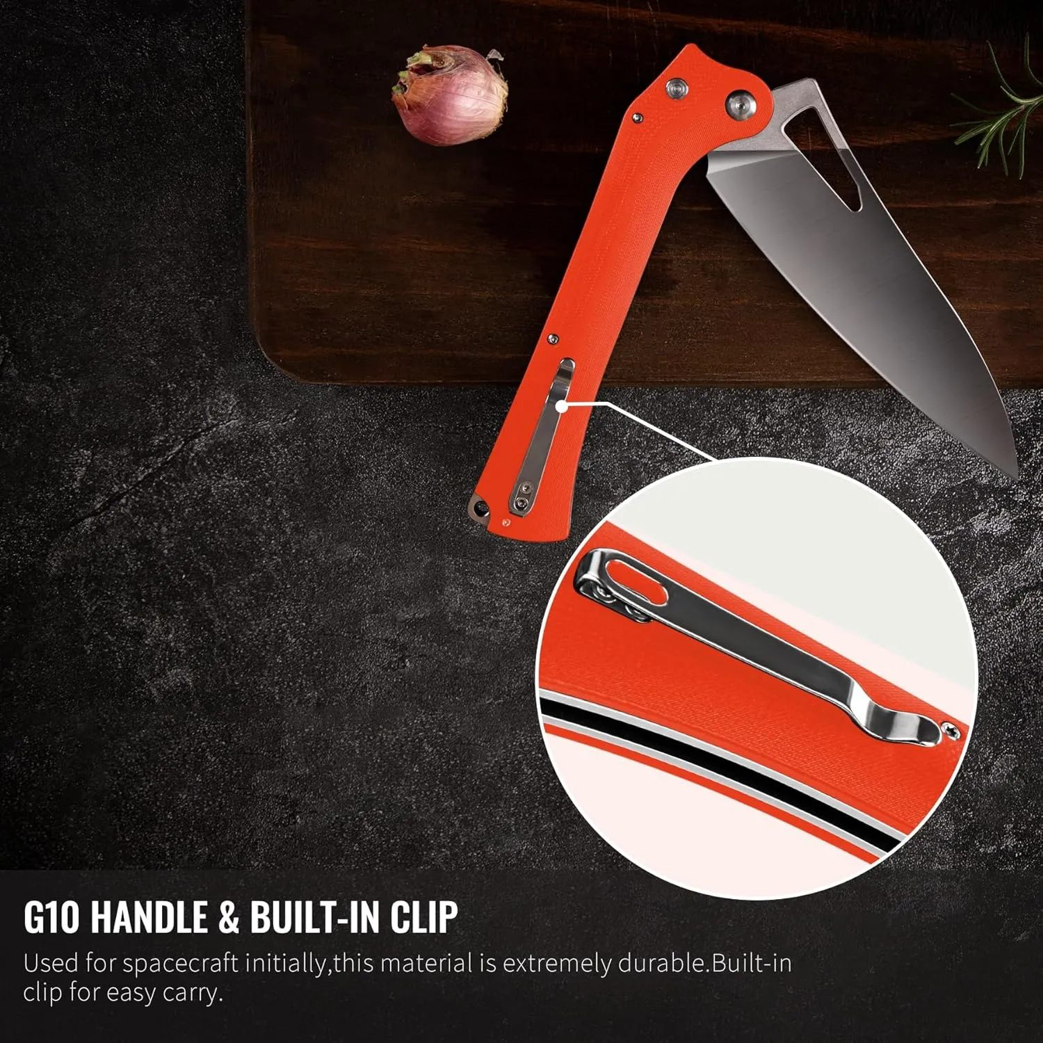 TACRAY Folding Kitchen Chef Knife, 5.49" Foldable Camping Knife with 10cr15mov Stainless Steel Blade, Anti-skidding and Ergonomic Designed G10 Handle for both Indoor and Outdoor Cooking